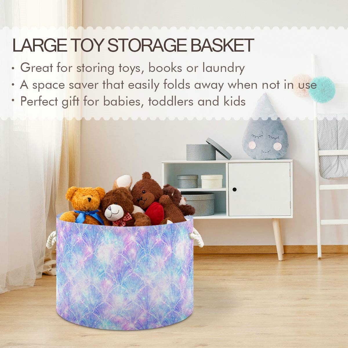 ALAZA Collapsible Storage Basket with Mermaid Galaxy Print - Round Laundry Hamper & Organizer for Kids Nursery, Clothes, Toys, Books - Home Decor Basket with Handles (Perfect for Bedroom, Playroom & Closet Organization)