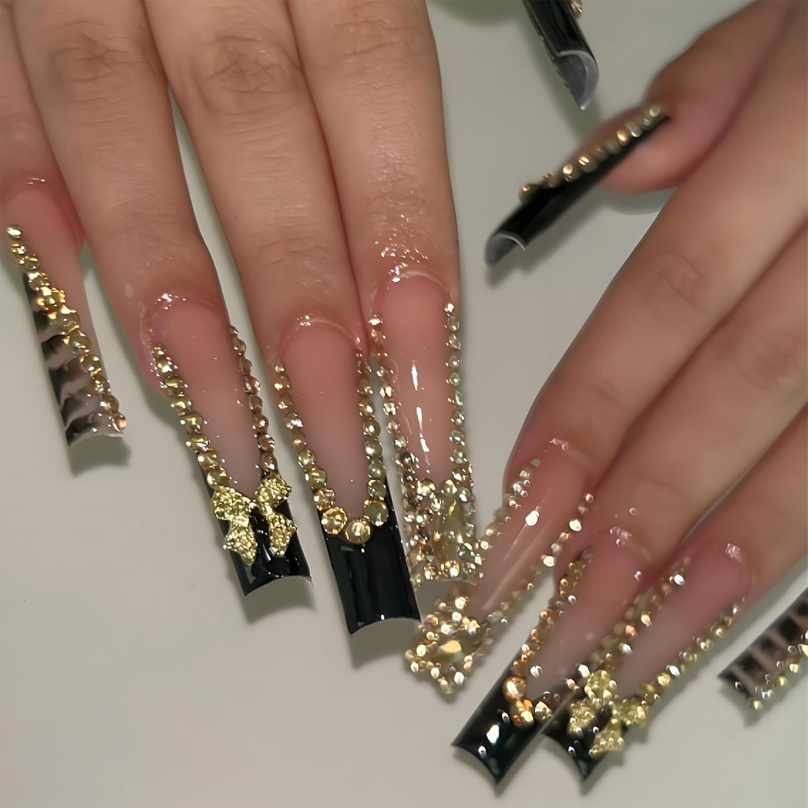 24Pcs Black French Press on Nails with Gold Rhinestone & Bow Charms - Long Square Coffin Fake Nails, Glossy Leopard Print French Tip Acrylic Nails for Women & Girls | Perfect for Parties, Weddings & Special Occasions