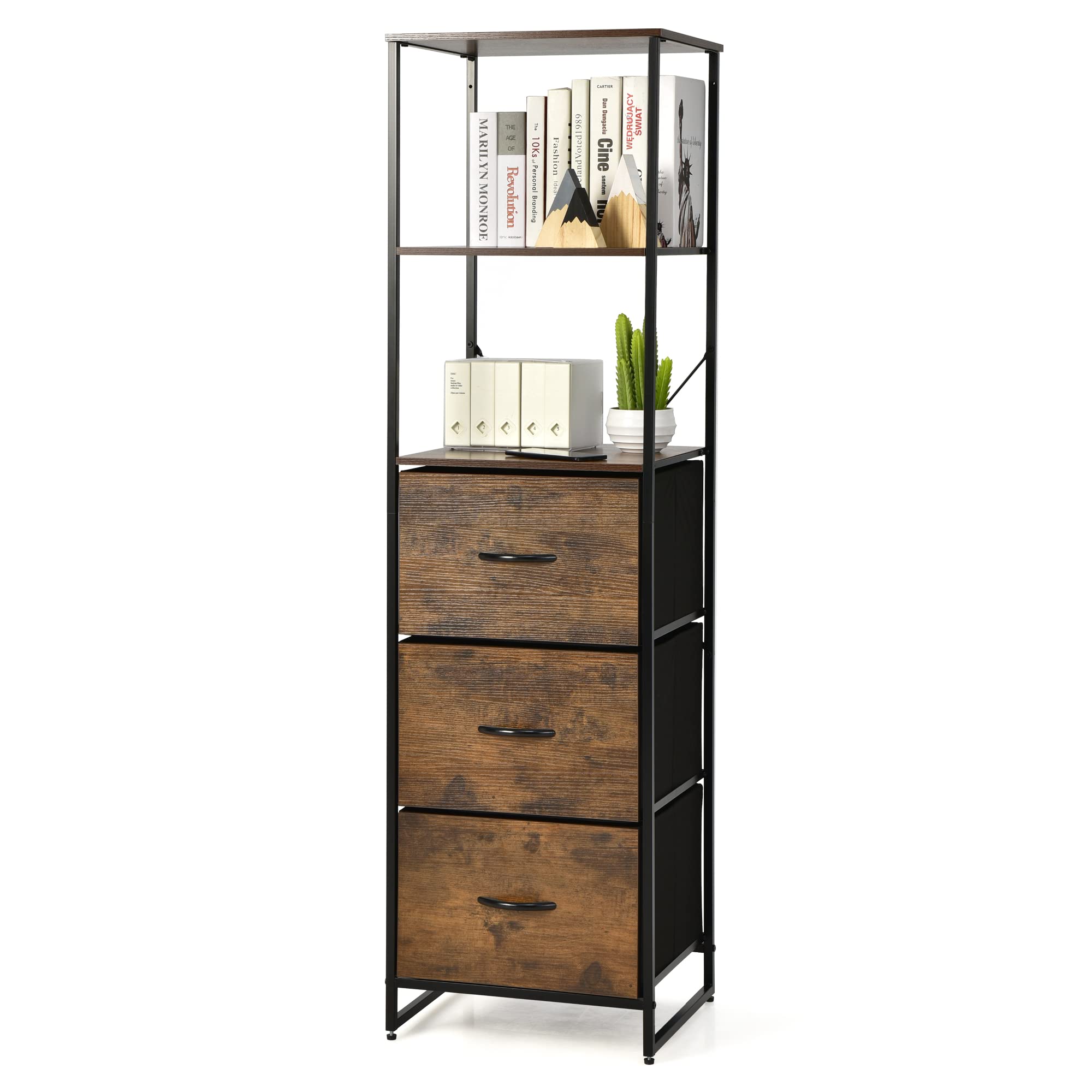 LOKO Tall Floor Storage Cabinet - Industrial Narrow Cabinet with 3 Fabric Drawers, Rustic Adjustable Footpads for Living Room, Bedroom, Office (17