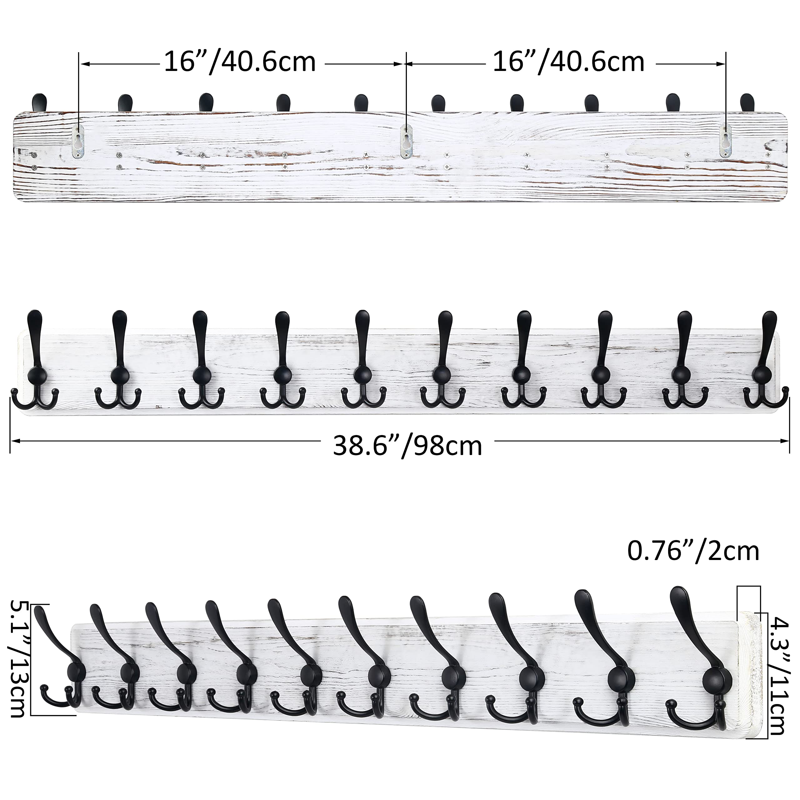 SKOLOO 38.3'' Wall Mounted Coat Rack - Heavy Duty Rustic Wooden Coat Hooks with 10 Triple Hooks for Jackets, Hats & Clothes Storage (Weathered White) - Perfect for Entryway, Mudroom & Bedroom Organization