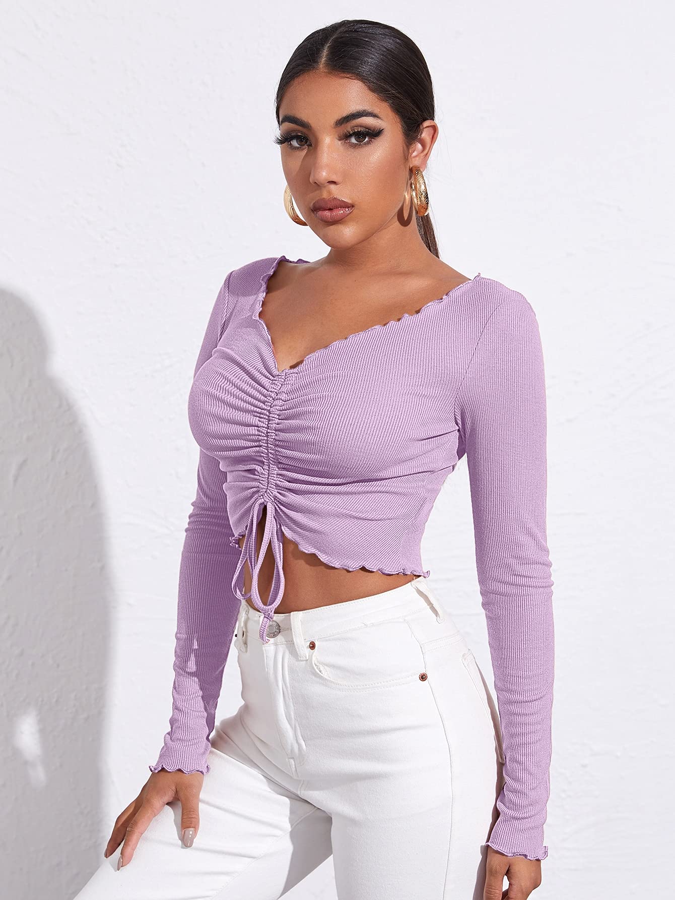Floerns Women's Lettuce Trim Long Sleeve Drawstring Ruched Crop Top T-Shirt - Trendy Casual Blouse for Spring & Summer, Perfect for Dates, Parties and Everyday Wear
