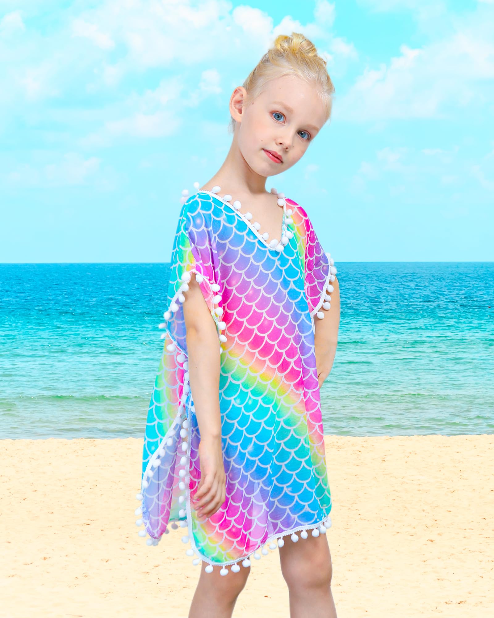 Mermaid Swim Cover Up for Girls - Chiffon Beach Swimsuit Coverup with Pompom Tassel | Perfect for Poolside, Beach Vacation & Summer Outings