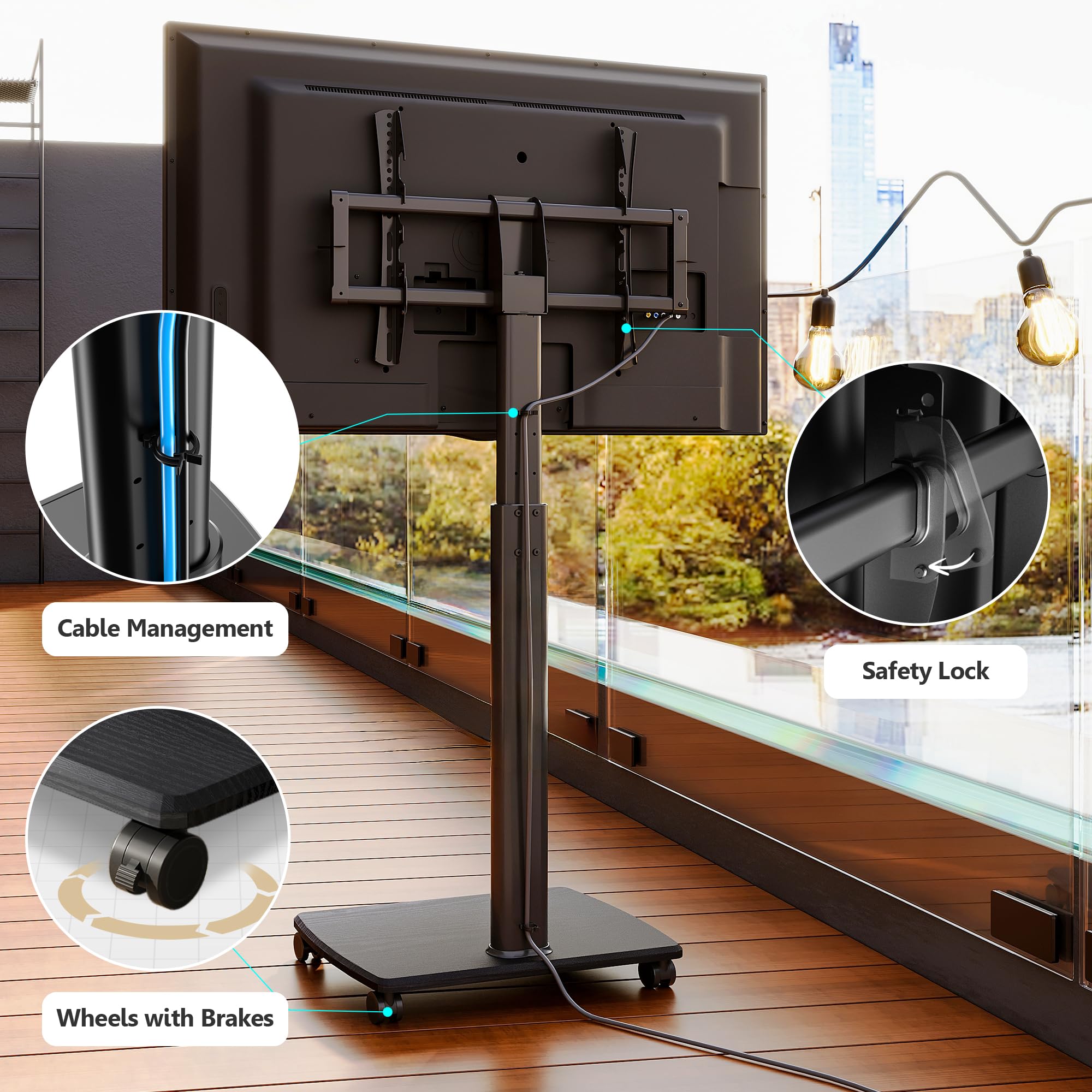 FITUEYES Rolling TV Stand with Power Outlets - Swivel Mobile TV Cart for 32-70 Inch Flat/Curved Screens (LCD/LED/OLED) - Height Adjustable with Wood Base - Supports up to 99Lbs - Black - Perfect for Living Rooms, Bedrooms & Home Theaters