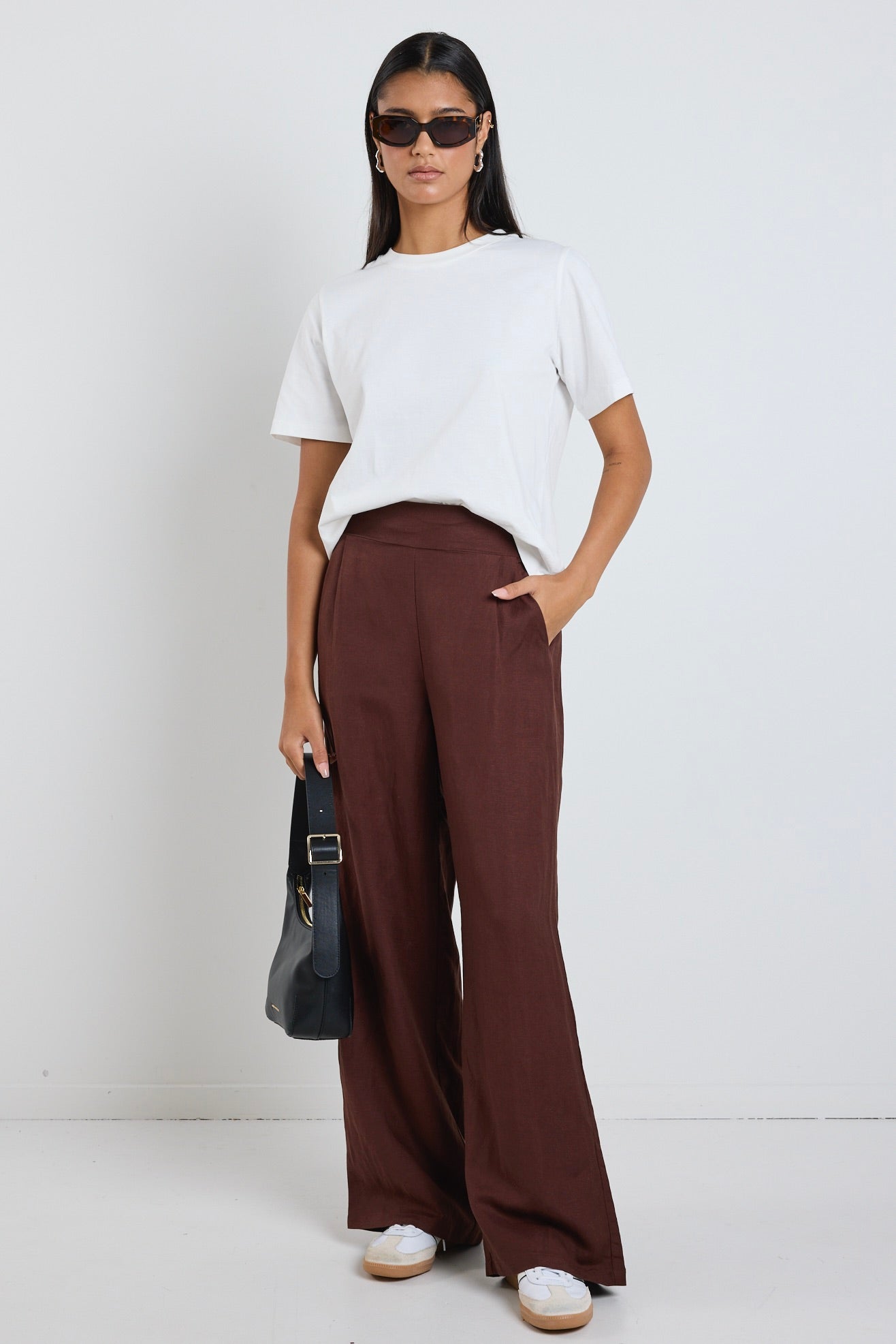 Guardian Chocolate Linen Viscose Elastic Waist Pants for Women - Comfortable Stretchy Lounge Pants for Home, Yoga & Casual Wear