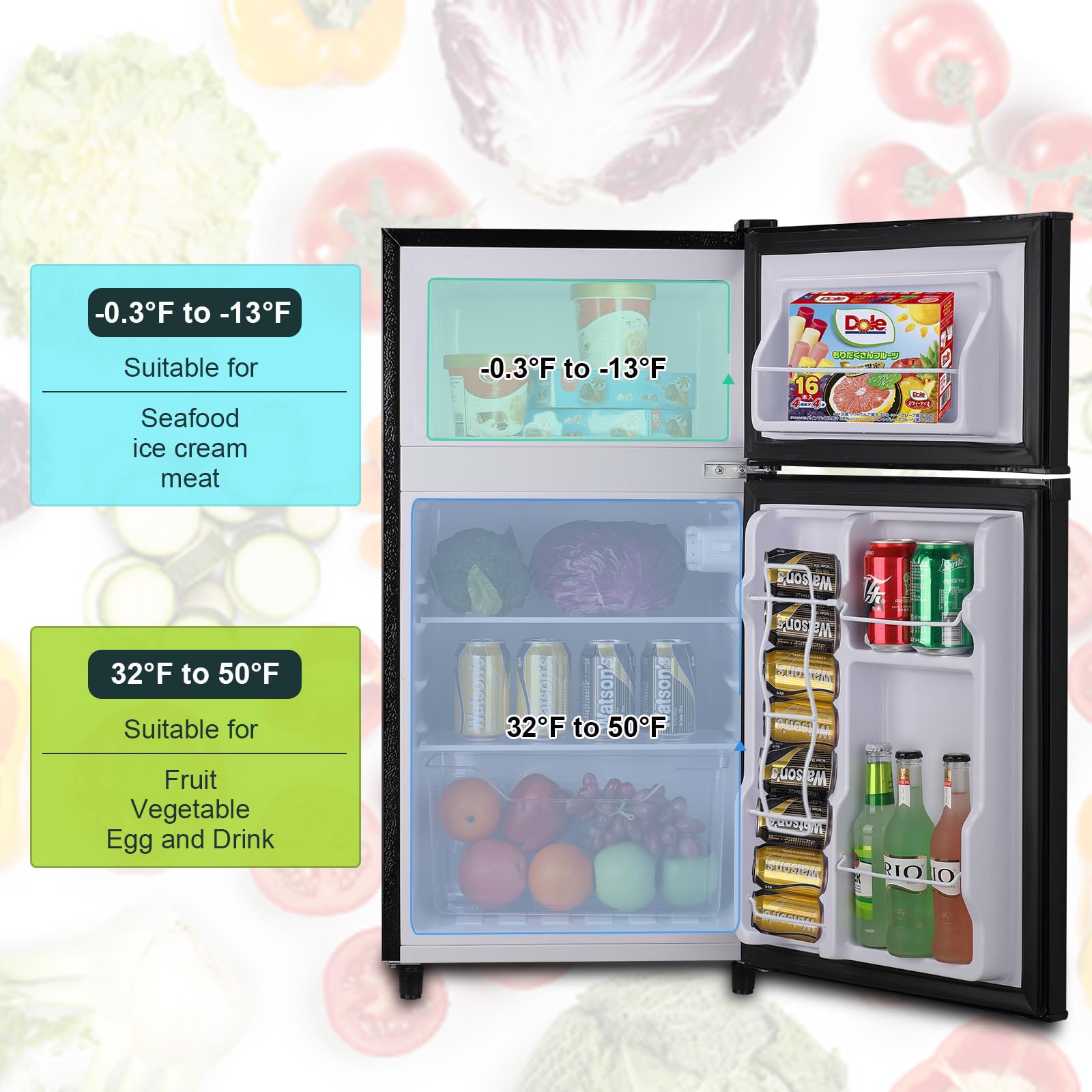 WANAI 3.2 Cu.Ft Mini Fridge with Freezer - Compact Single Door Refrigerator, 5 Temperature Settings, Energy Efficient, Black - Perfect for Dorm, Office, Bedroom, Apartment & Small Spaces