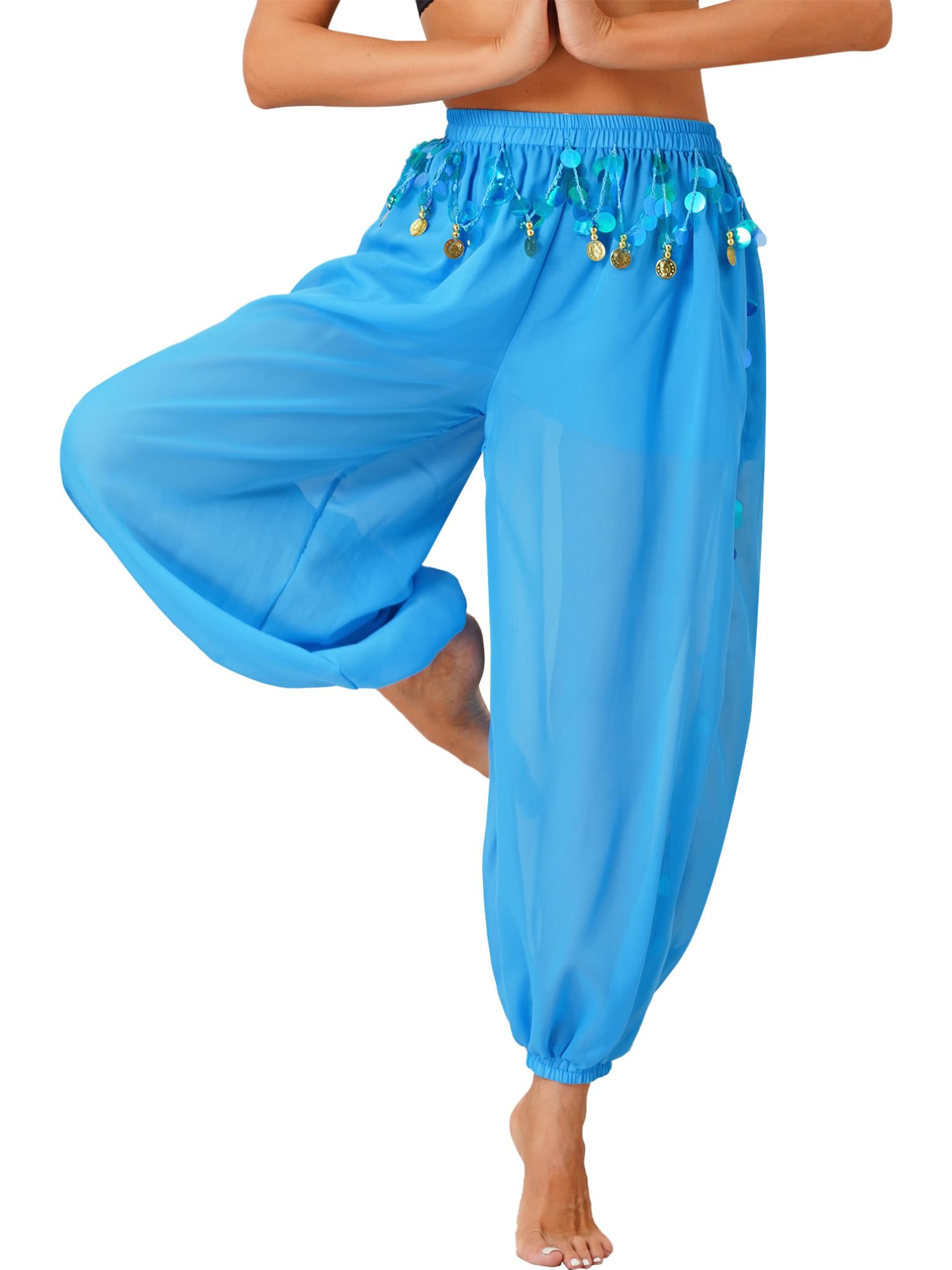 Linjinx Women's Sequins Belly Dance Costume - Indian Arabian Stage Performance Outfit with Coins Harem Pants for Professional Dance & Cultural Events