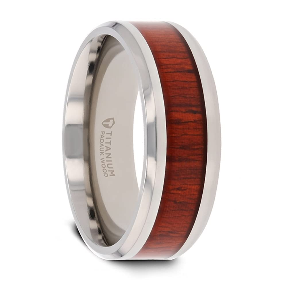 Premium Titanium Wedding Bands with Polished Beveled Edges & African Padauk Wood Inlay - 6mm & 8mm Widths for Men & Women - Elegant NORRO Style - Perfect for Anniversaries, Engagements & Everyday Wear