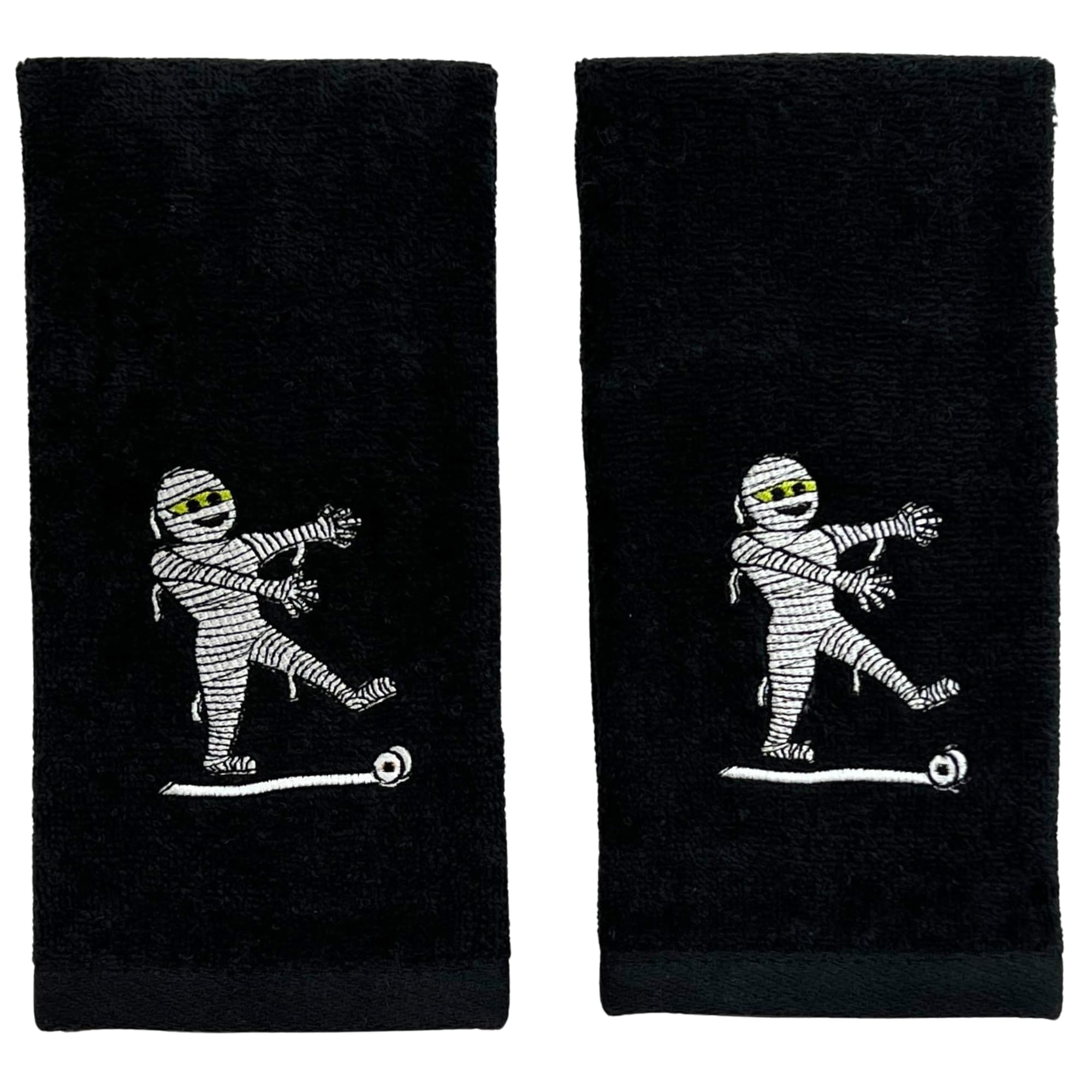 Serafina Home Halloween Fingertip Towels - 2 Pack Black Cotton Embroidered Mummy Design (12x18 Inches) - Perfect for Spooky Decor, Guest Bathrooms & Halloween Party Favors