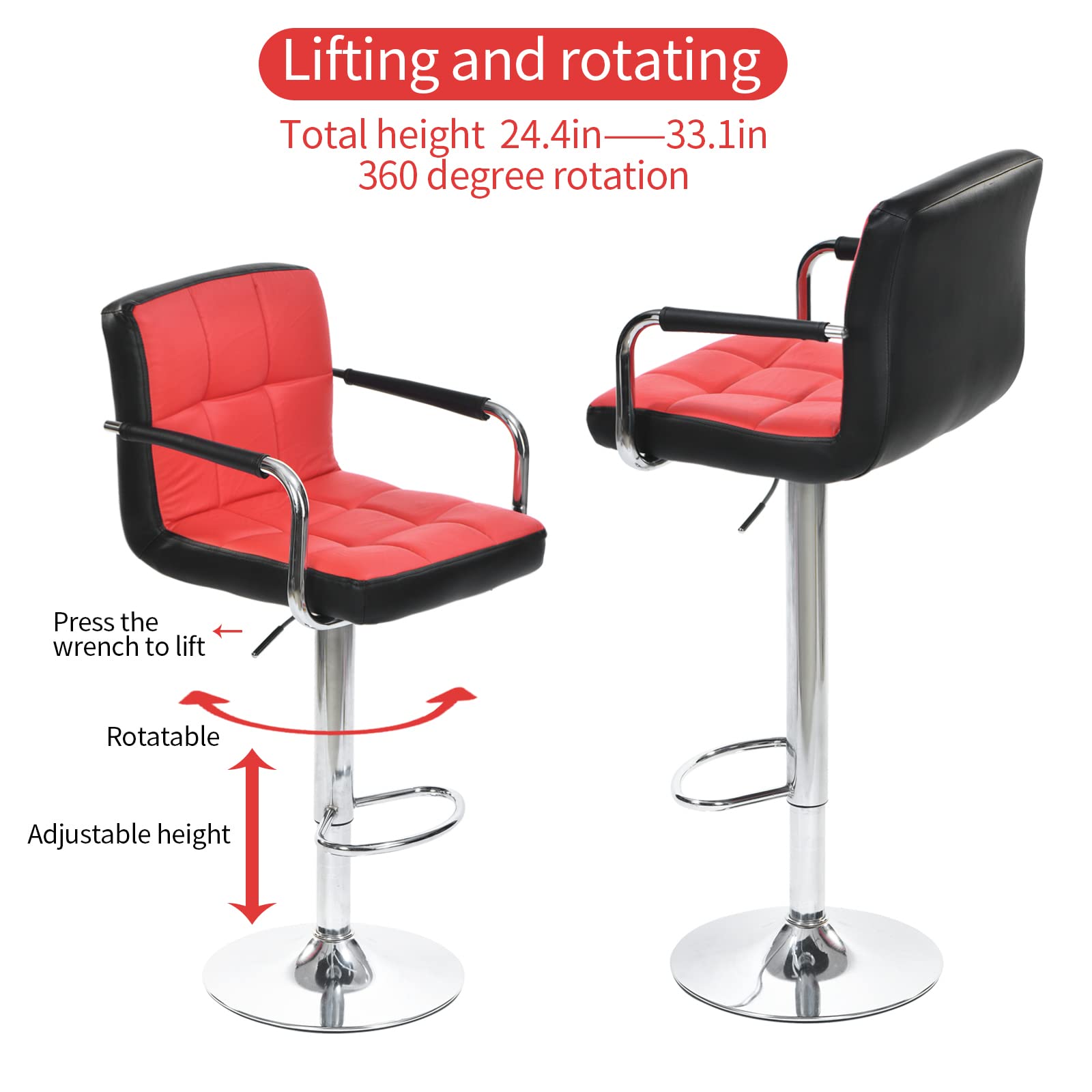 Red Bar Stools Set of 2 - Swivel Bar Chairs with Back & Arms, Comfortable Counter Height Stools for Kitchen Island, Breakfast Bar & Home Pub (Modern Red Bar Stools for Dining & Entertaining)