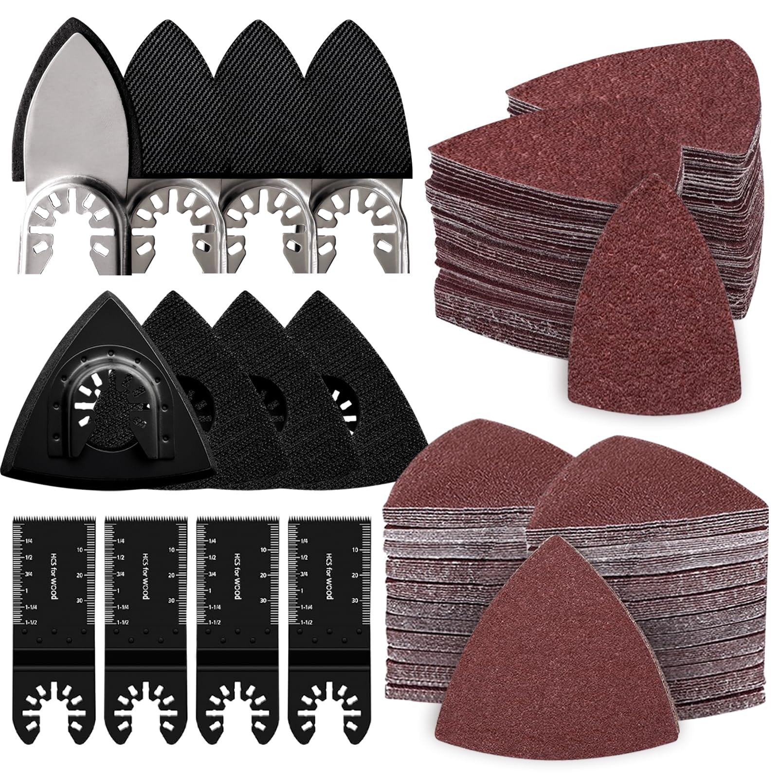 162-Piece Oscillating Tool Sanding Kit - 4 Triangle Pads, 4 Finger Pads, 4 Multi-Tool Blades & 150 Sandpaper Sheets - Perfect for Wood Finishing, DIY Projects & Home Renovation