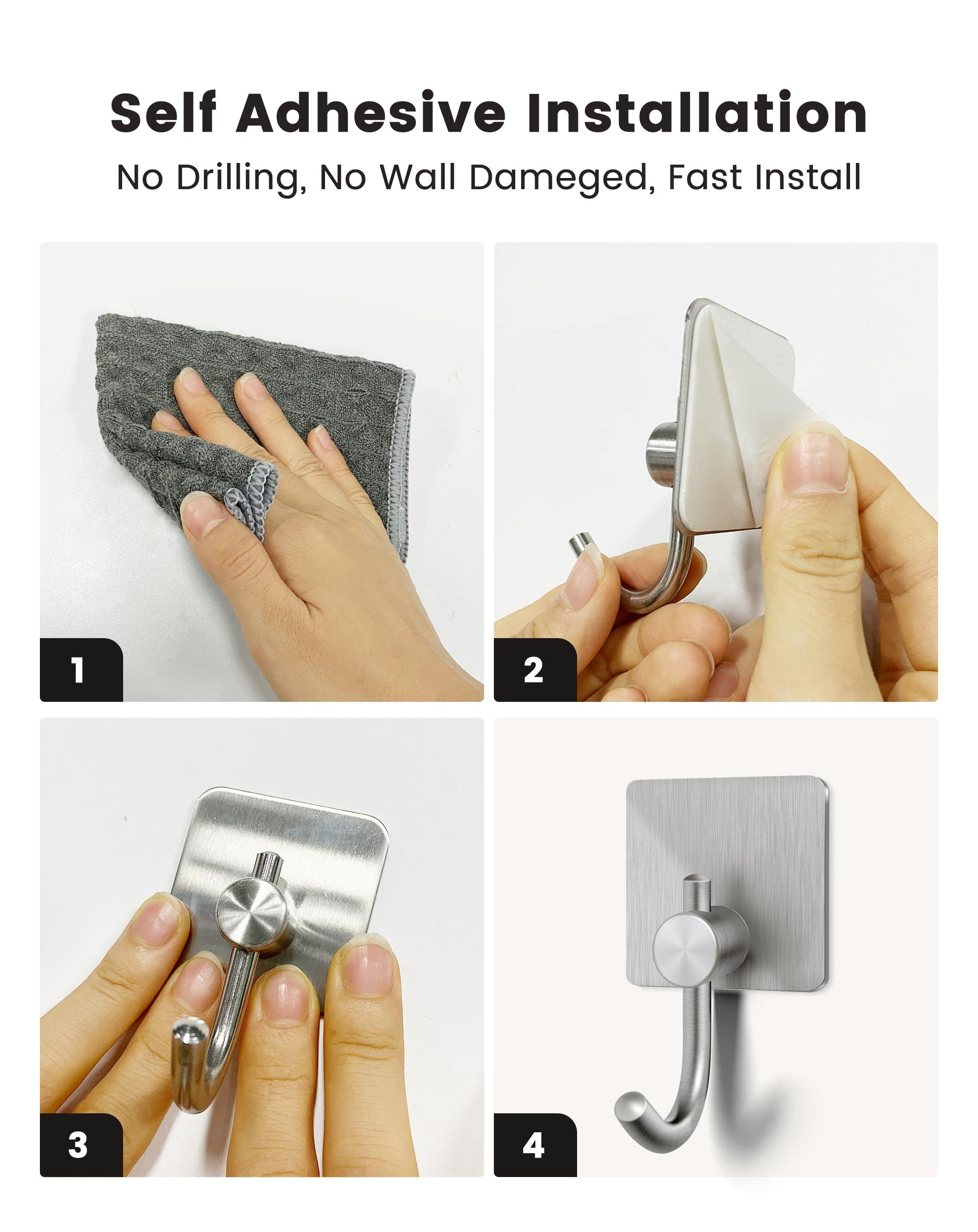 Heavy Duty Adhesive Towel Hooks - No Drill Wall Hooks for Bathroom, Kitchen & Bedroom - 4 Pack Silver Hanging Hooks for Robes, Towels & Clothes - Perfect for Small Spaces & Rentals