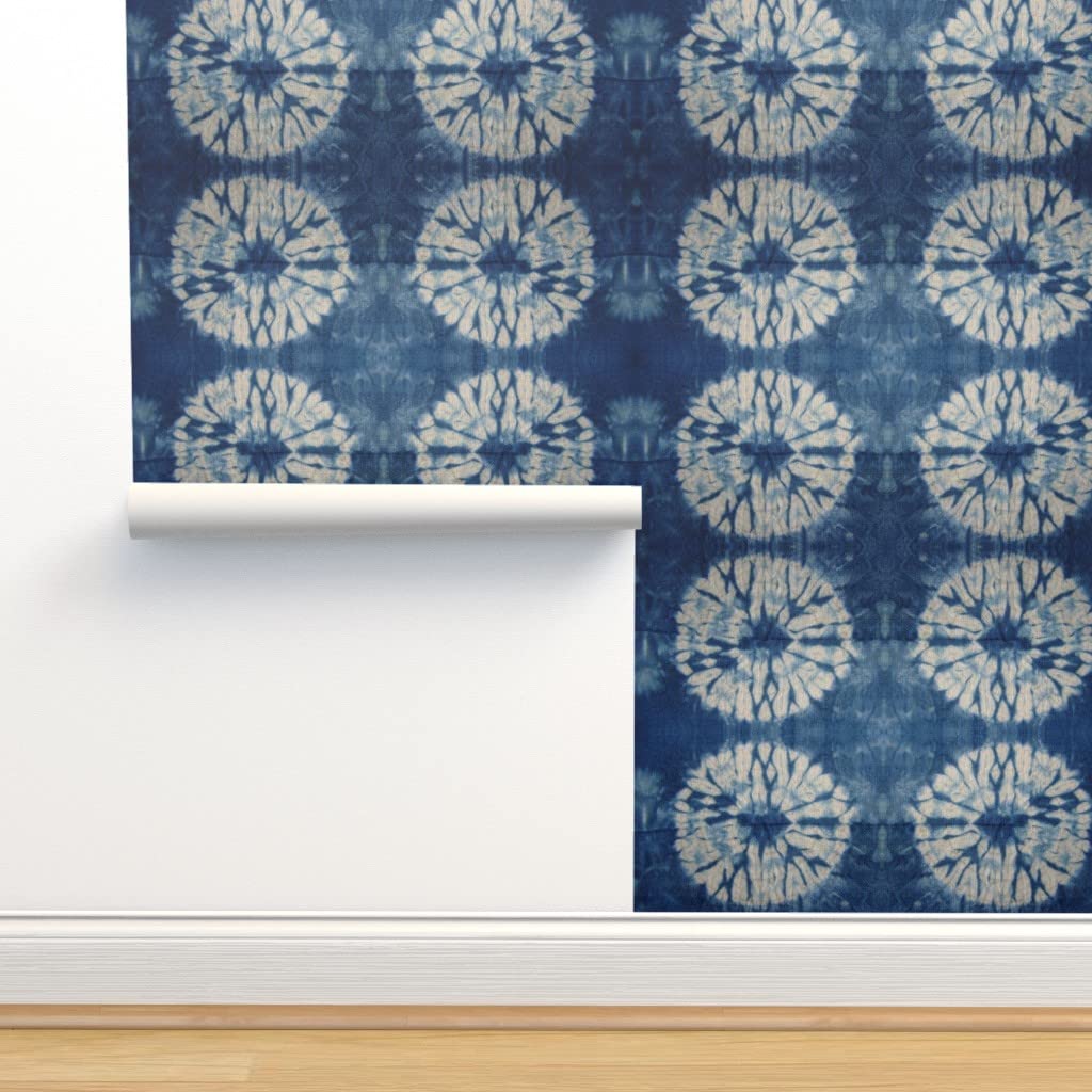 Peel & Stick Removable Wallpaper 9ft x 2ft - Shibori Indigo Circles Tie Dye Pattern, Modern Blue Circle Design, Gender Neutral Nursery Decor, DIY Home Accent | Perfect for Bedrooms, Living Rooms & Dorm Rooms