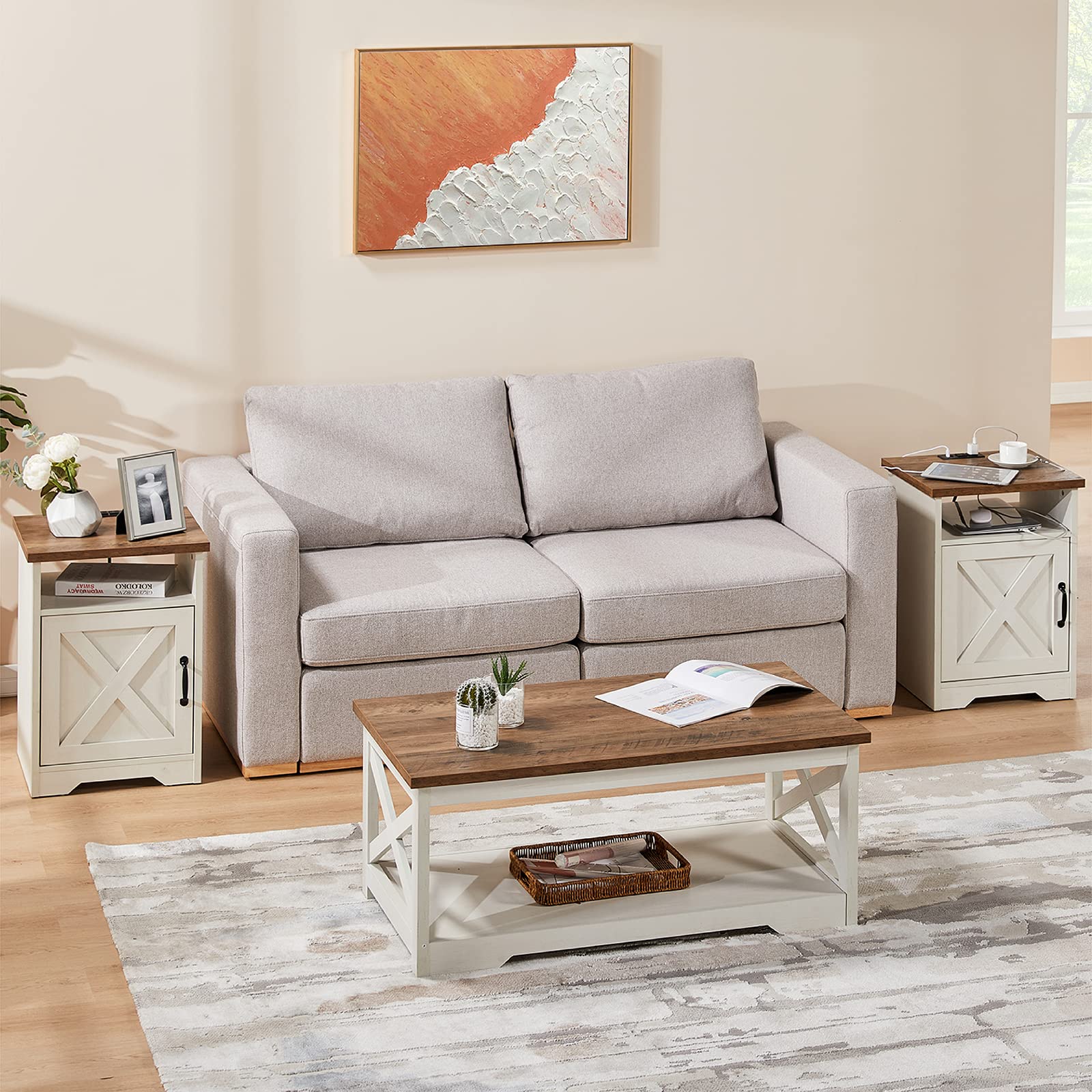 AMERLIFE 3-Piece Farmhouse Living Room Table Set with Coffee Table & 2 End Tables - USB Charging Station, Distressed White Finish - Perfect for Rustic Home Decor & Modern Entertainment Spaces