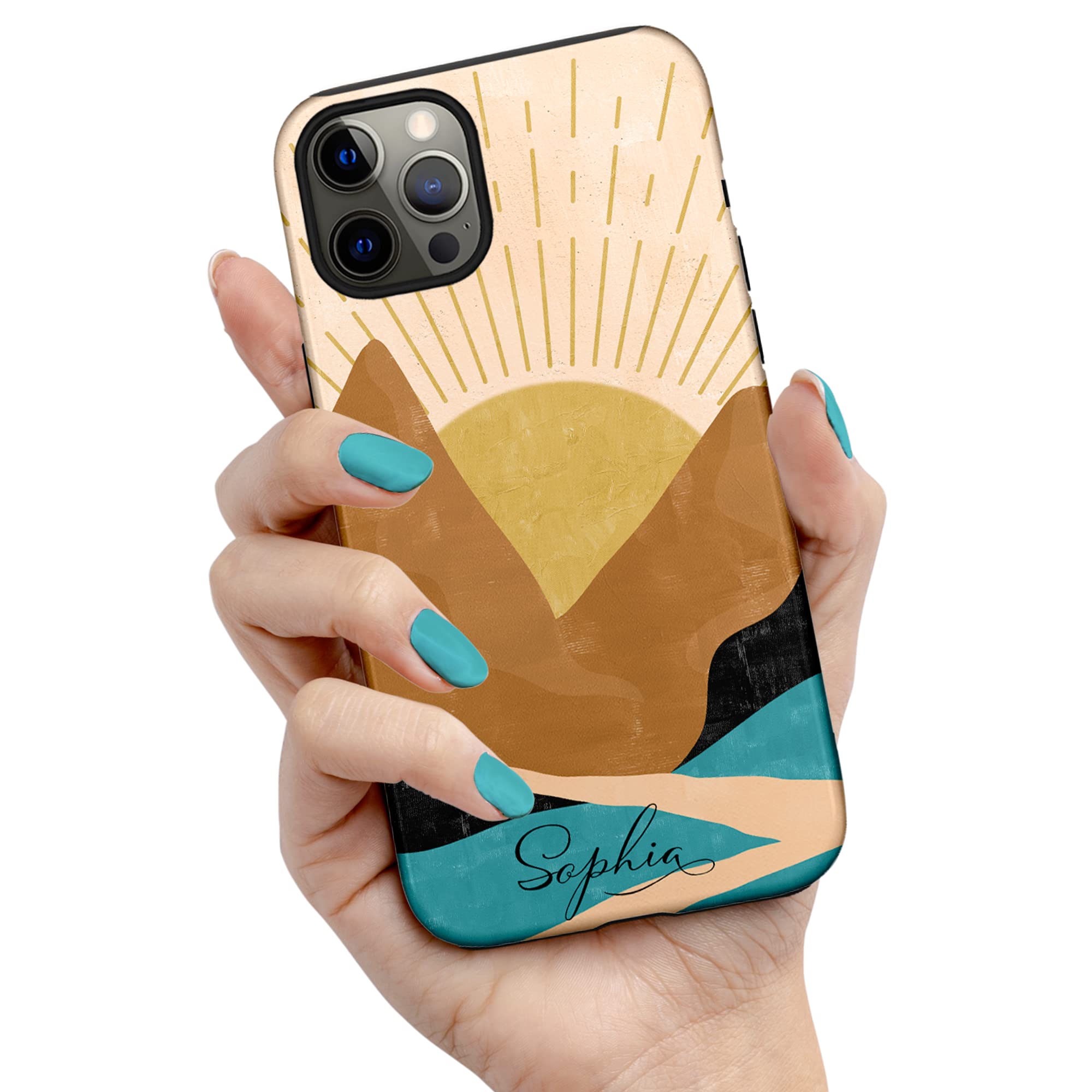 Custom Rising Sun Landscape iPhone Case - Personalized Name Phone Cover for iPhone 16 Plus/15 Pro Max/14/13 Mini/12/11/X/XS Max/XR/7/8 - Durable Orange Protective Case - Perfect for Outdoor Adventures & Daily Use