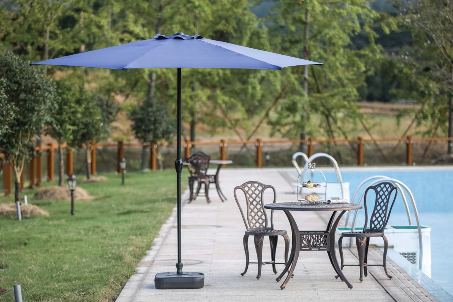 LOKATSE HOME 9 Foot Outdoor Patio Umbrella with Crank Lift - Heavy Duty 6 Ribs Market Umbrella for Pool, Deck, Garden & Backyard (Blue)