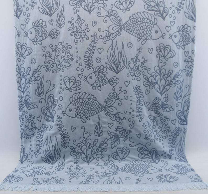 Premium Navy Blue Sea Life Design 100% Cotton Bath Towel - Soft, Absorbent & Quick-Drying for Beach, Pool & Spa Use