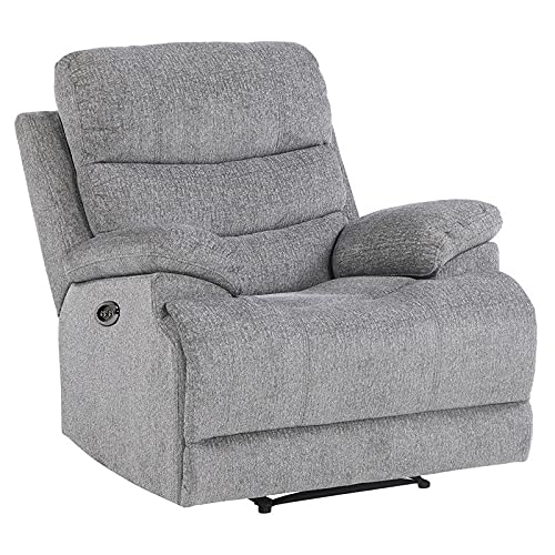 Pemberly Row Power Recliner with Adjustable Headrest & USB Charging Port - Gray Fabric Reclining Chair for Living Room, Home Theater & Relaxation
