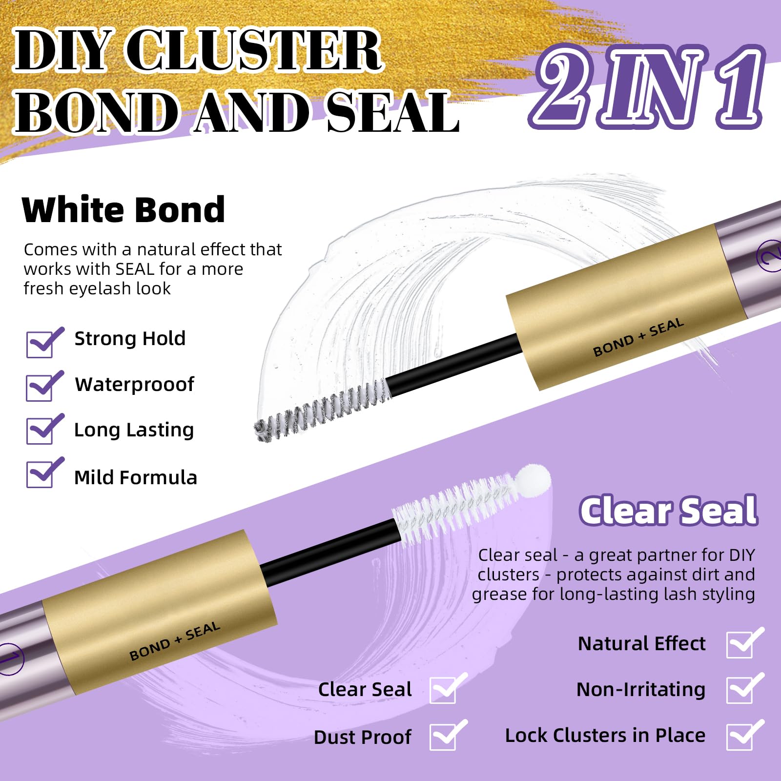Waterproof 10ML Lash Bond & Seal - Long Lasting Eyelash Extension Glue with Mascara Wand, Strong Hold 2-in-1 Formula for DIY Cluster Lashes (White) | Perfect for Salon Professionals & Home Lash Extensions