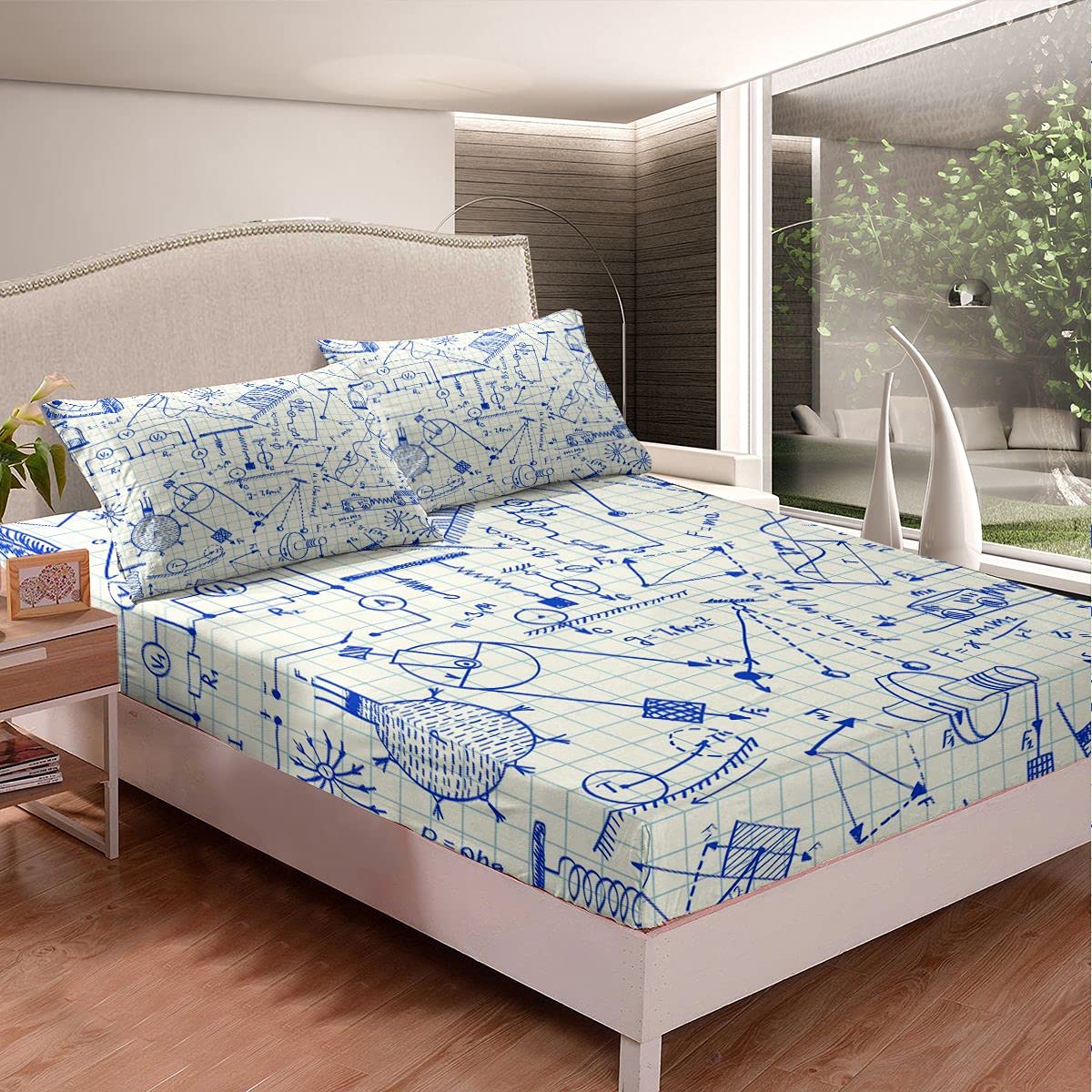 Feelyou Physics Equation Bed Sheet Set - Blue Graph Paper Print Fitted Sheet & Pillowcase, 2-Piece Twin Size - Perfect for Science Lovers, Dorm Room Decor & Themed Bedroom Design