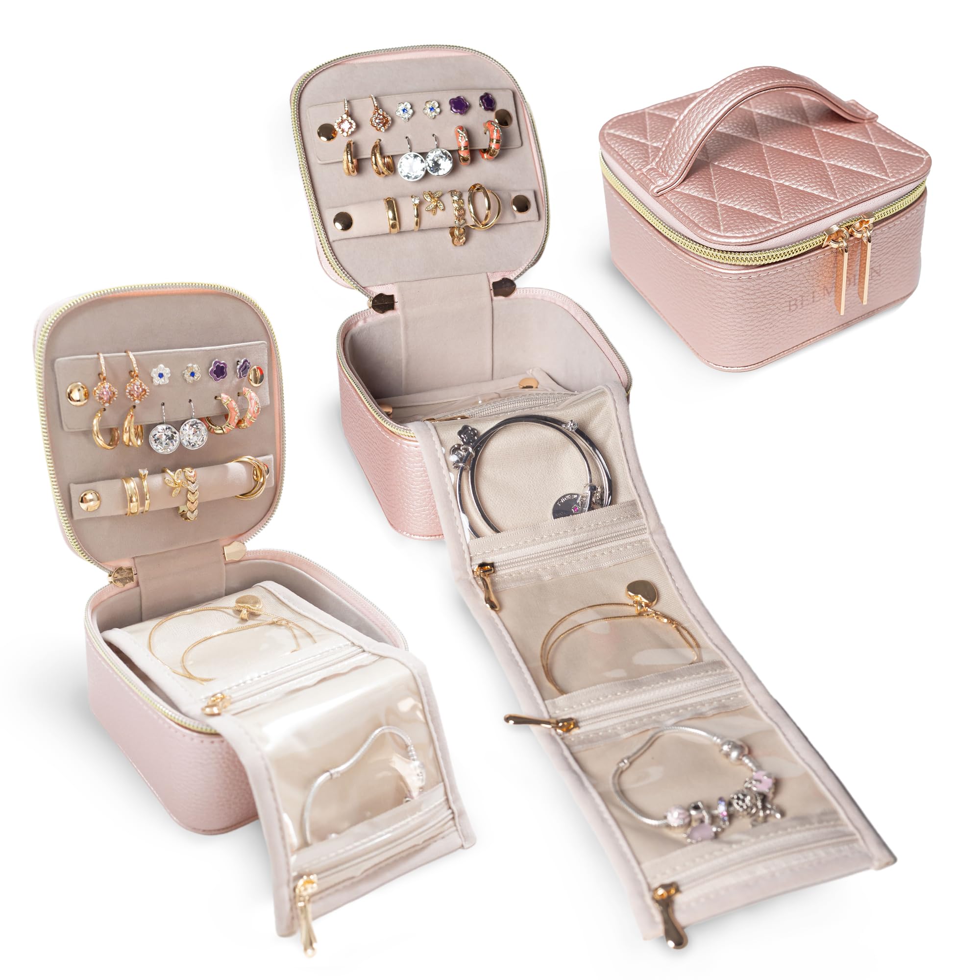 Premium Leather Travel Jewelry Organizer Case - Anti-Tangle Jewelry Storage Box for Women - Portable Jewelry Organizer with Multiple Compartments - Perfect for Vacations, Business Trips & Daily Use (Elegant Pearl Pink)