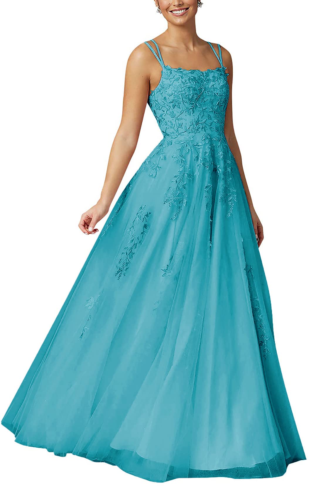 BECINME Women's Elegant Lace Applique Spaghetti Strap Tulle Prom Dress - A-Line Long Evening Gown for Wedding Guest, Party, Homecoming, and Special Occasions