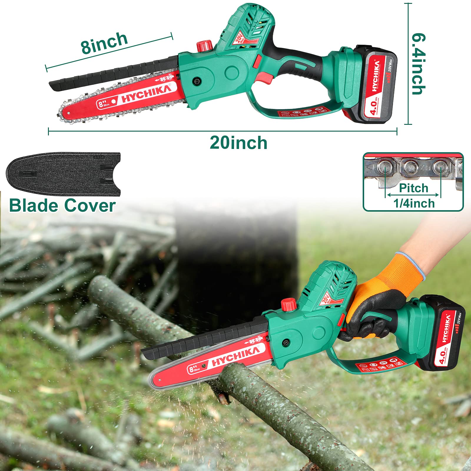 HYCHIKA 18V 8-Inch Brushless Electric Mini Chainsaw with 4.0Ah Battery & 2 Chains - Lightweight Handheld Chainsaw for Tree Branch Cutting, Pruning, Gardening & Woodworking | Perfect for DIY Projects, Yard Maintenance & Forestry Work