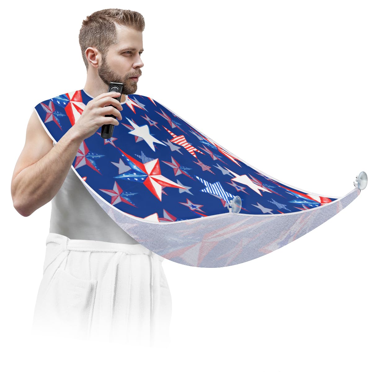 Waterproof Memorial Day Stars Beard Bib for Men - Non-Stick Shaving Apron with Suction Cups, Grooming Cape & Hair Catcher - Perfect Gift for Husband, Dad | Ideal for Home Barbering, DIY Grooming & Special Occasions