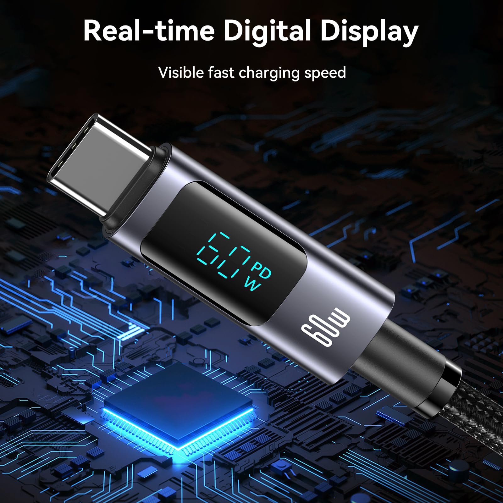 6-in-1 Multi Charger Cable with LED Display | 60W PD Fast Charging USB-C to USB-C/USB-A/Micro Cable (4ft) | Compatible with iPhone, Samsung, Laptops & More | Perfect for Home, Office & Travel Charging