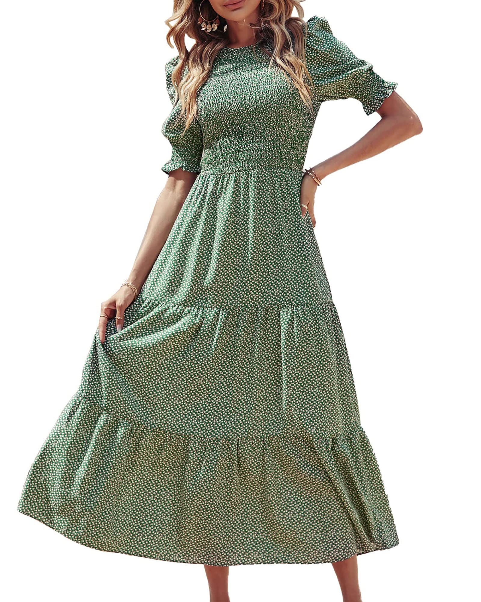 BTFBM Women's Casual Summer Floral Print Boho Maxi Dress - Crew Neck, Ruffle Short Sleeve, Smocked Waist, Flowy Design for Spring/Summer 2025 | Perfect for Beach Vacations, Date Nights & Boho Fashion Outfits
