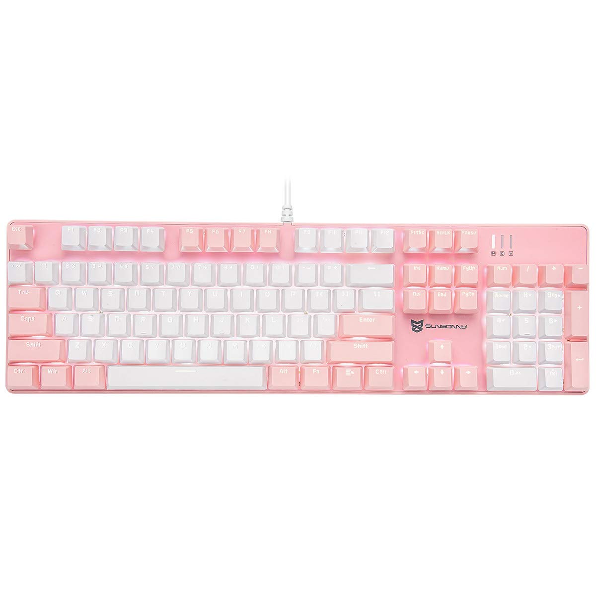 Qisan Mechanical Gaming Keyboard - Wired LED Backlit Keyboard (Pink & White) - 104 Key US Layout with Detachable Wrist Rest & Brown Switches - Perfect for PC Gaming, Typing & Office Work