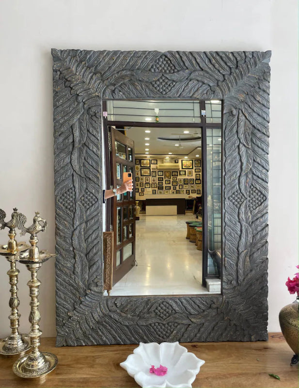 Hand Carved Elegant Floral Leaf Wooden Mirror Frame - Vintage Home Decor for Bedroom, Living Room & Bathroom Wall