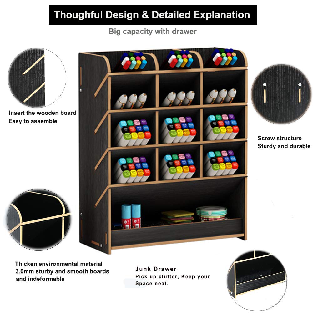 Marbrasse Wooden Pen Organizer - Multi-Functional DIY Pen Holder Box with Drawer, Desktop Stationery Organizer for Home Office & Art Supplies Storage, Easy Assembly (B12-Black) - Perfect for Organizing Pens, Pencils, Markers & Office Accessories on Your Desk