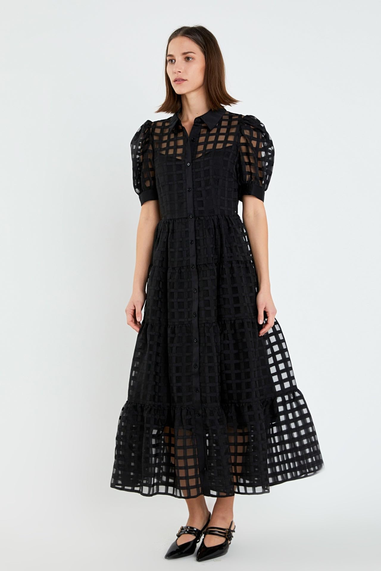 English Factory Women's Gridded Organza Tiered Maxi Dress - Elegant Flowy Summer Wedding Guest Dress for Beach Parties & Formal Occasions