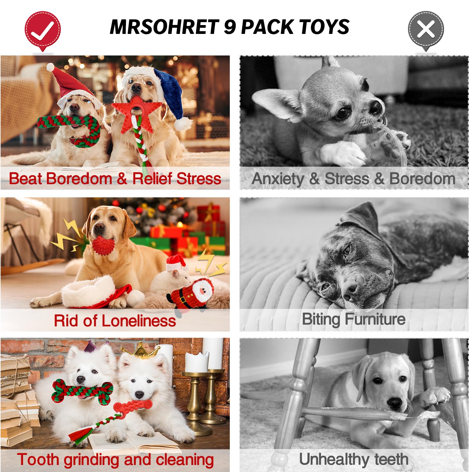 9 Pack Christmas Dog Toys - Rope, Chew, Plush & Squeaky Toys for Teething Puppies & Small Medium Dogs | Stocking Stuffers Gift Set with Bag for Holiday Playtime & Training