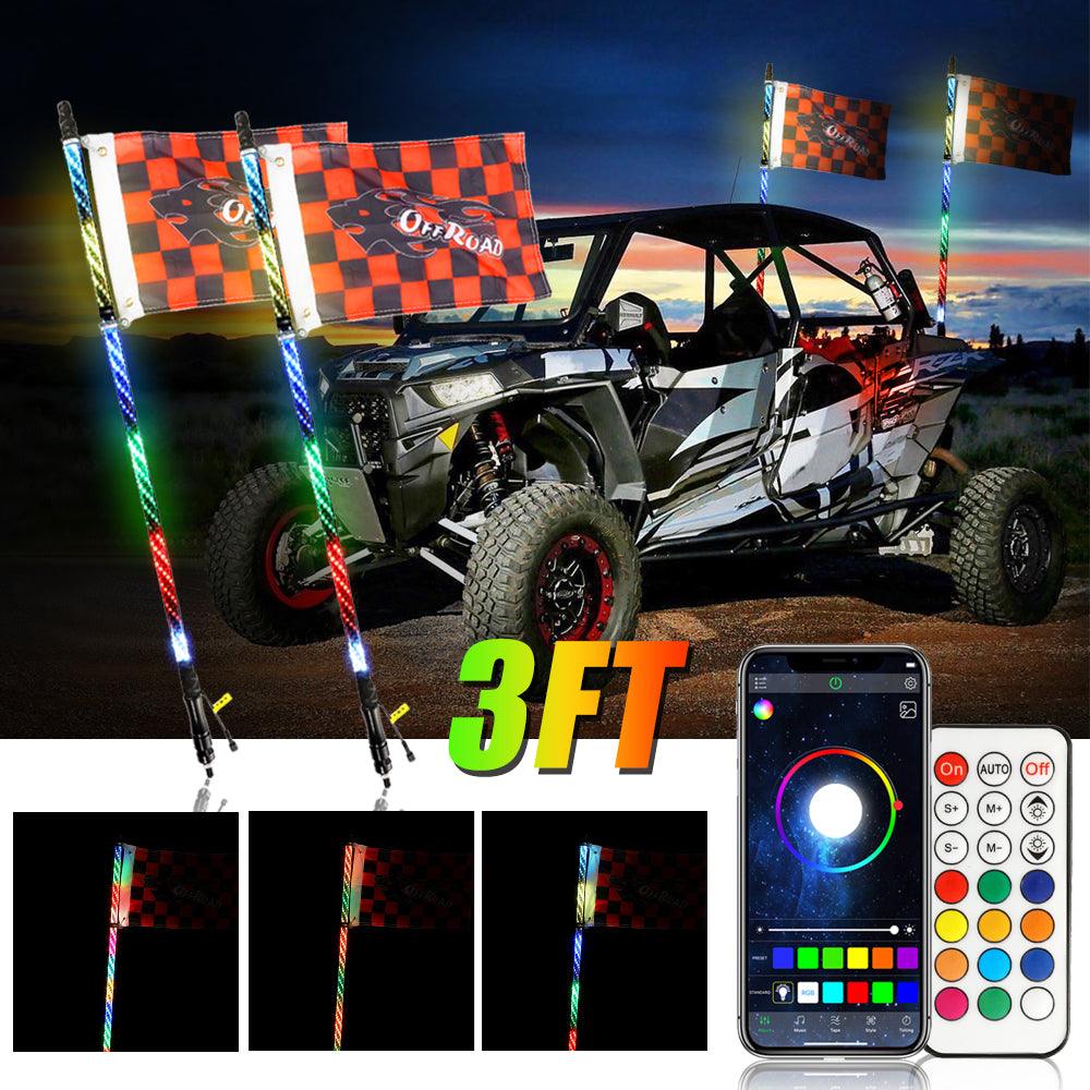 (2-Pack) 3FT/4FT LED RGB Whip Lights with Turn Signal & Brake Light - Bluetooth APP & Remote Control for ATV, UTV, Jeep, Off-Road Vehicles - Perfect for Night Rides, Camping & Outdoor Adventures
