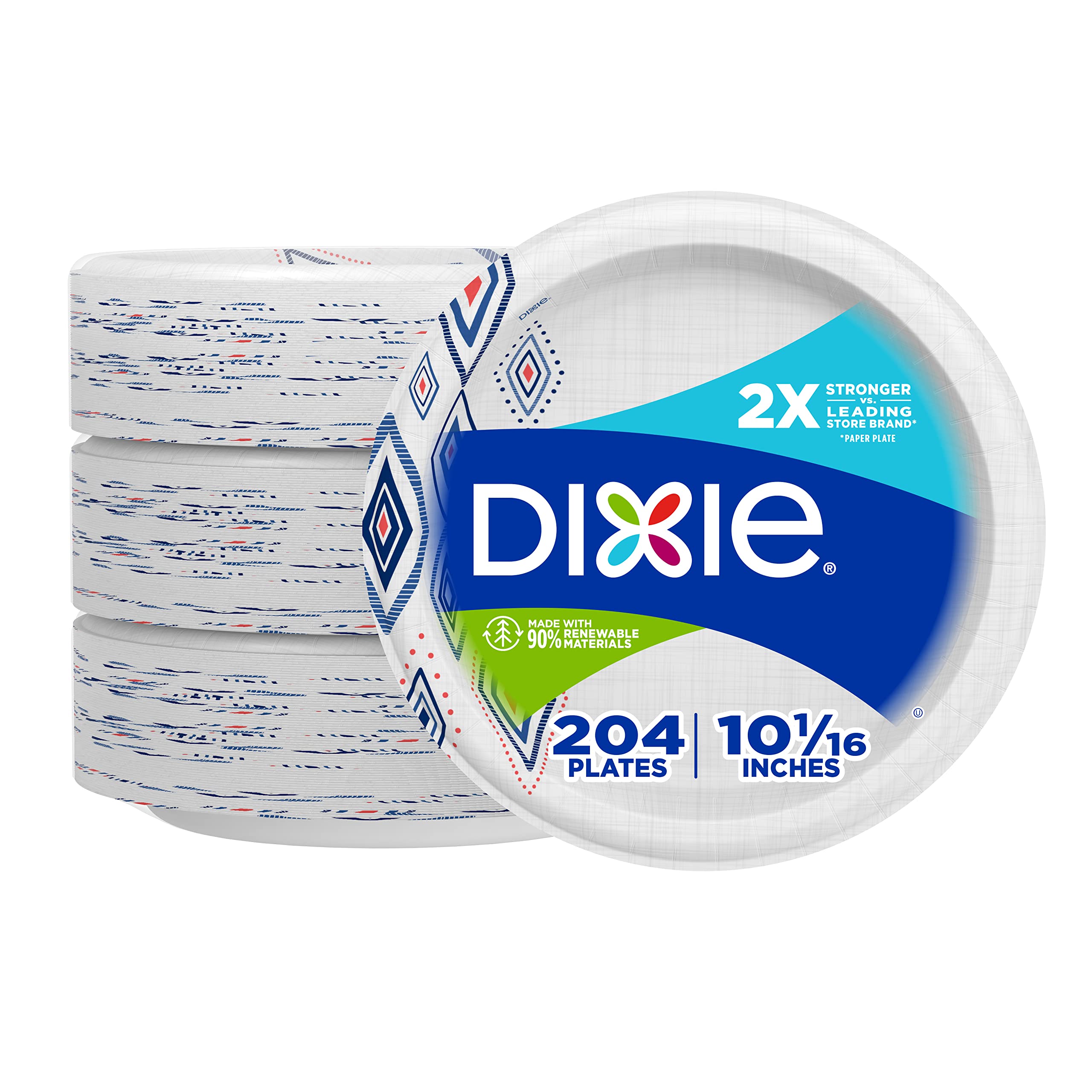 Dixie 10 Inch Paper Plates - Bulk Pack of 204 Disposable Dinner Plates (3 Packs of 68) - Printed Party Plates for BBQs, Picnics & Family Gatherings