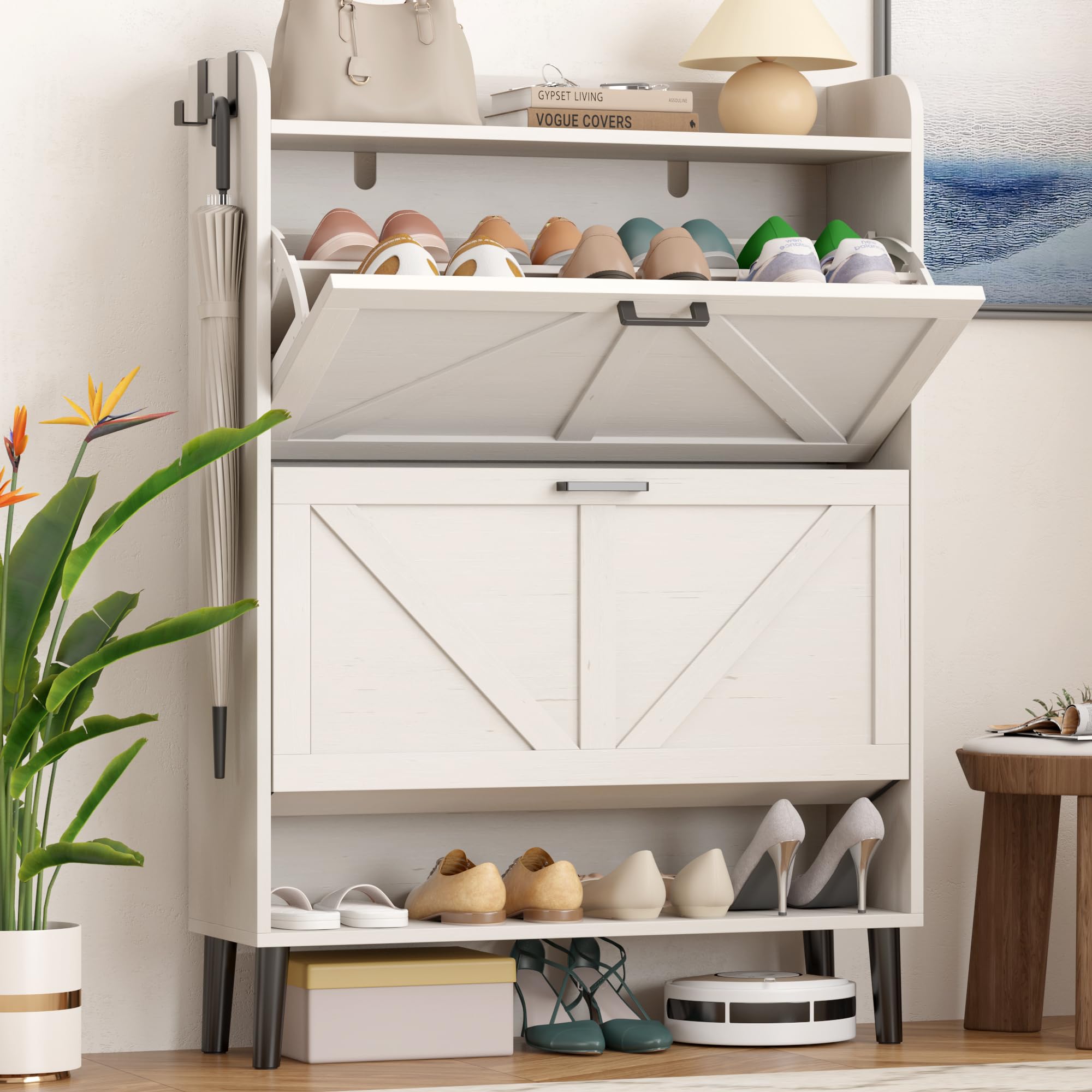 HOMEFORT Slim Shoe Storage Cabinet with 2 Flip Drawers - Narrow Entryway Shoe Organizer with Wood Legs, Farmhouse Hidden Shoe Rack for Front Door Entrance - Antique White - Perfect for Small Spaces & Clutter-Free Entryways