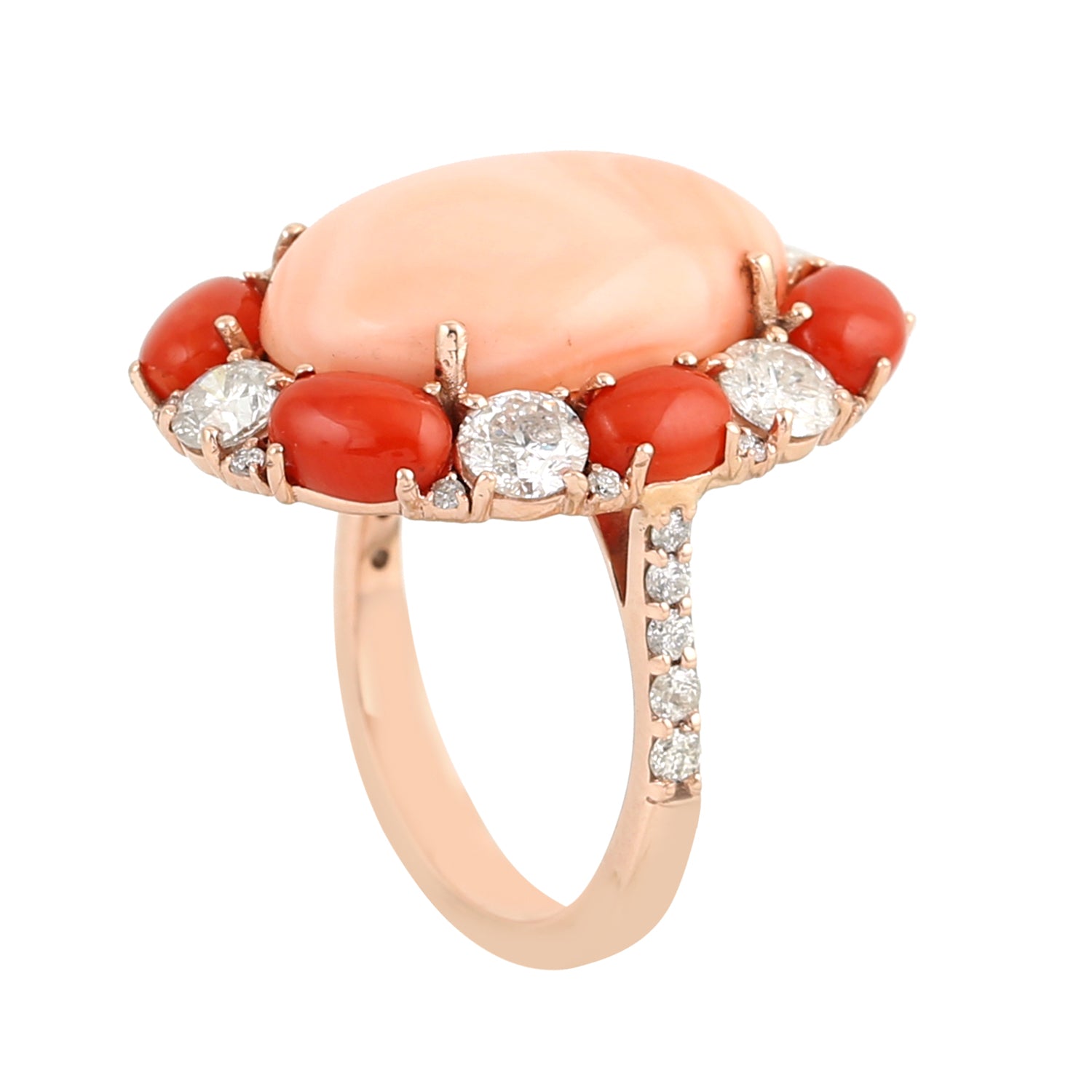 14K Rose Gold Oval Coral Gemstone Ring with Rose Cut Diamonds - Elegant Cocktail Jewelry for Parties, Weddings & Special Occasions