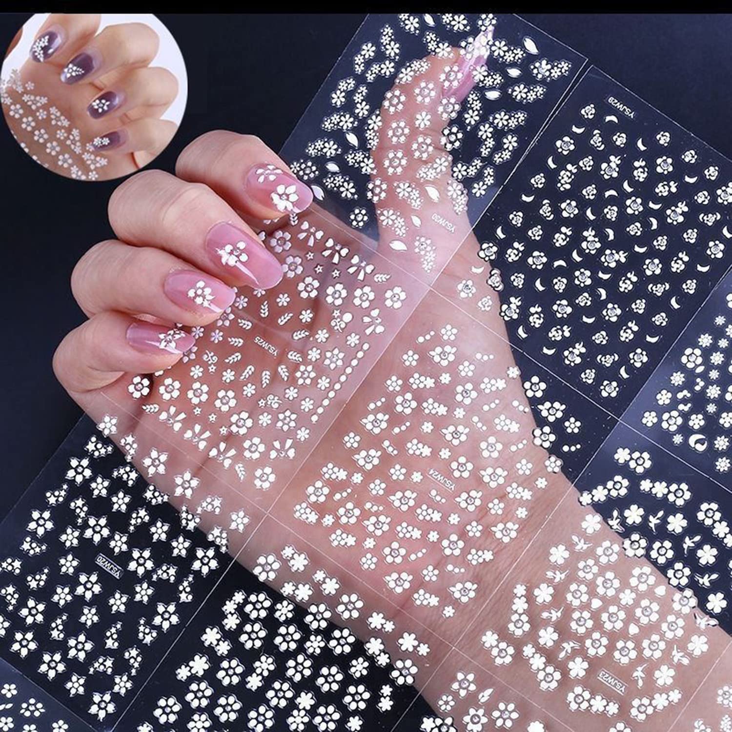 3D Floral Nail Art Stickers - White Holographic Flower Vine Leaf Self-Adhesive Nail Decals for Women & Girls | DIY Manicure Decorations | Perfect for Parties, Weddings, and Everyday Nail Art