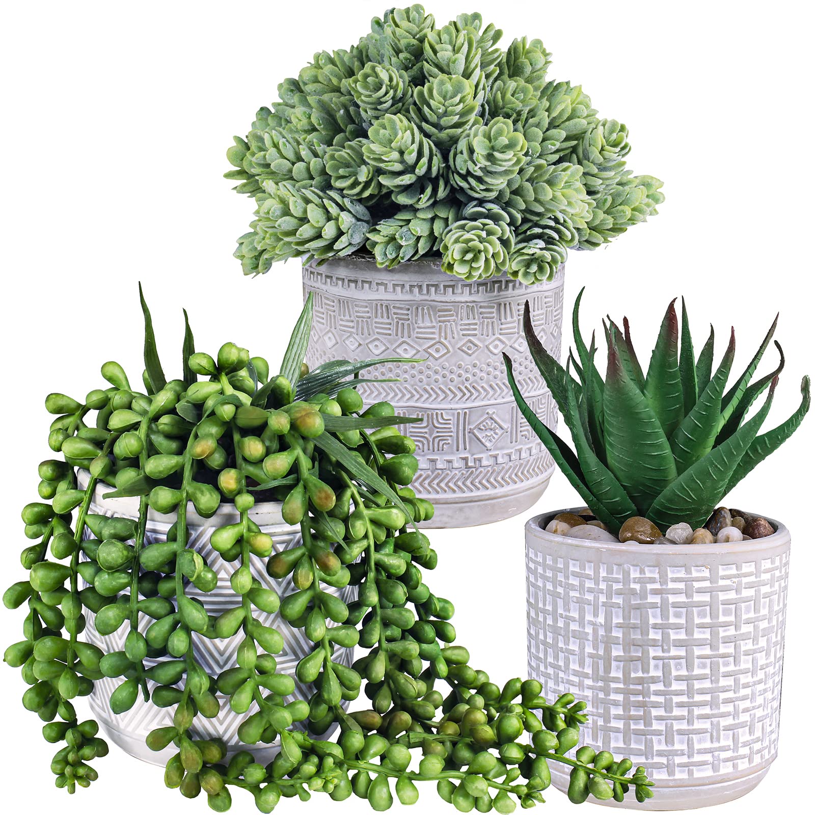 Set of 3 Artificial Succulent Plants - Fake Aloe, String of Pearls & Hops in Gray Geometric Concrete Ceramic Pots | Perfect for Home Office Desk Decor, Indoor Greenery, Housewarming Gifts & Modern Interior Design