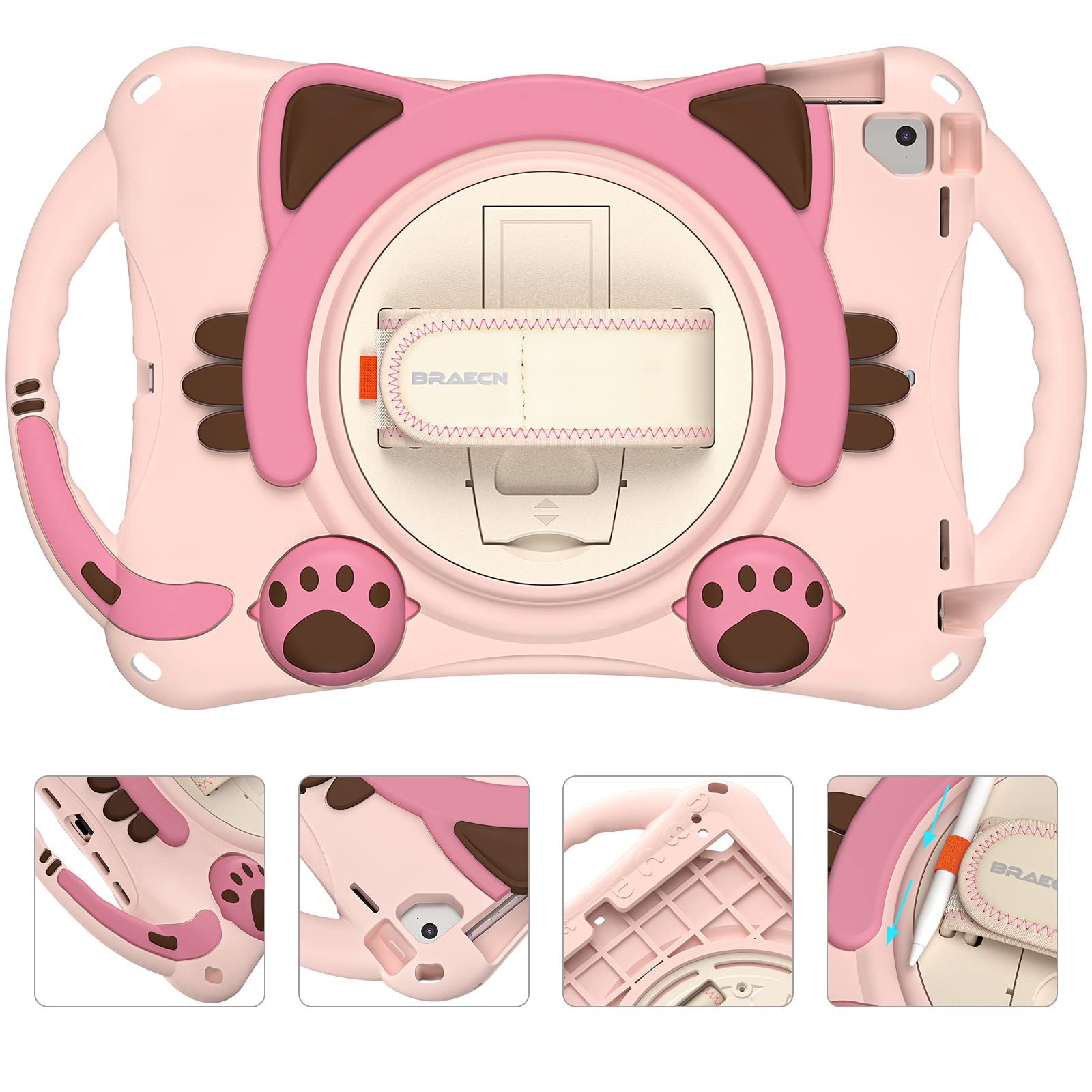 BRAECN Shockproof Silicone iPad Case for Kids - Compatible with iPad 6th/5th Gen 9.7 Inch (2018/2017), iPad Air 2/Air 1, iPad Pro 9.7 | Protective Cover with Pencil Holder, Handle Grip, Hand Strap & Kickstand | Perfect for School, Travel & Home Use - Pink