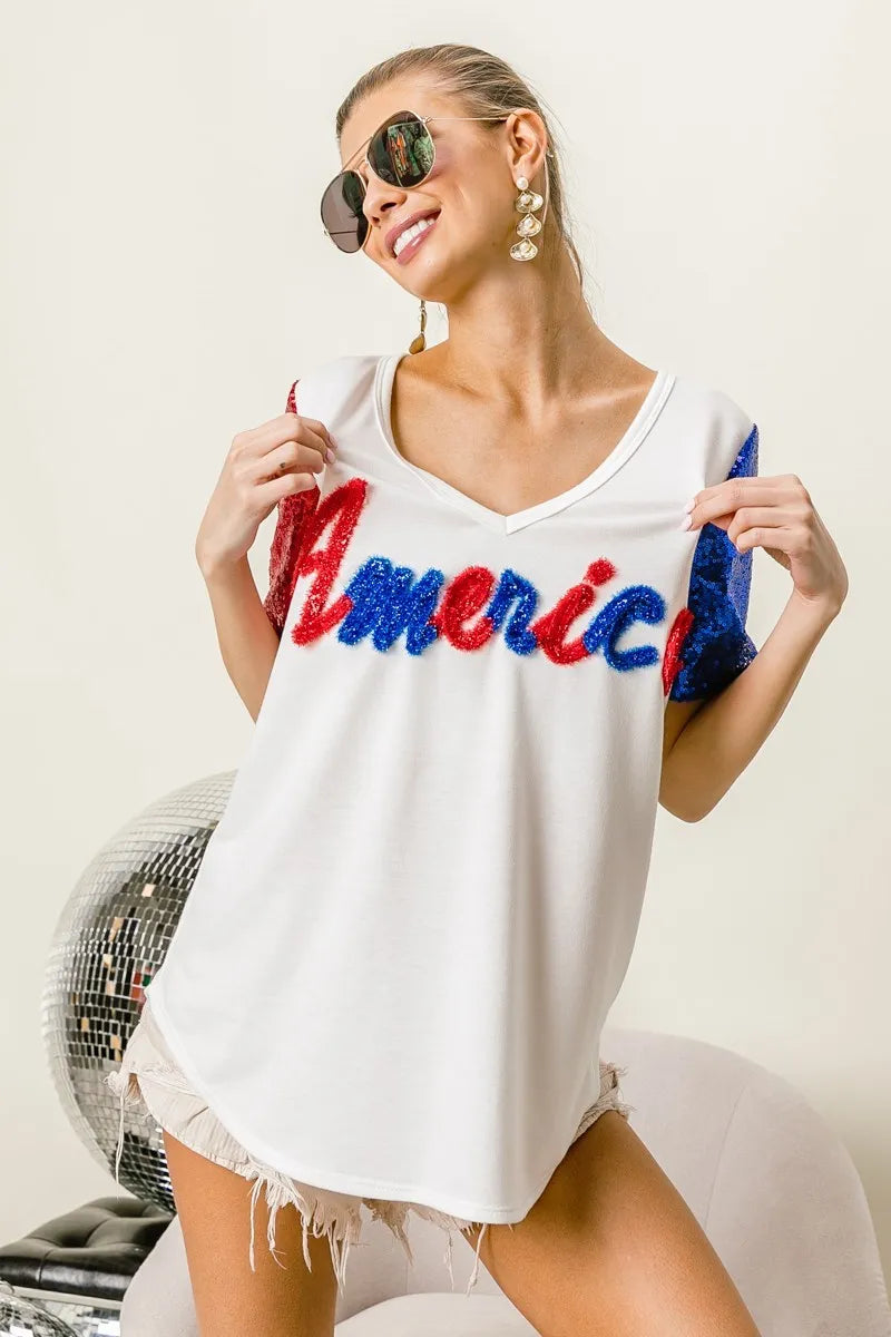 BiBi Metallic Letter V-Neck Sequin Sleeves Top for Women | Party Wear, Club Outfit, Evening Dress, Special Occasion Fashion