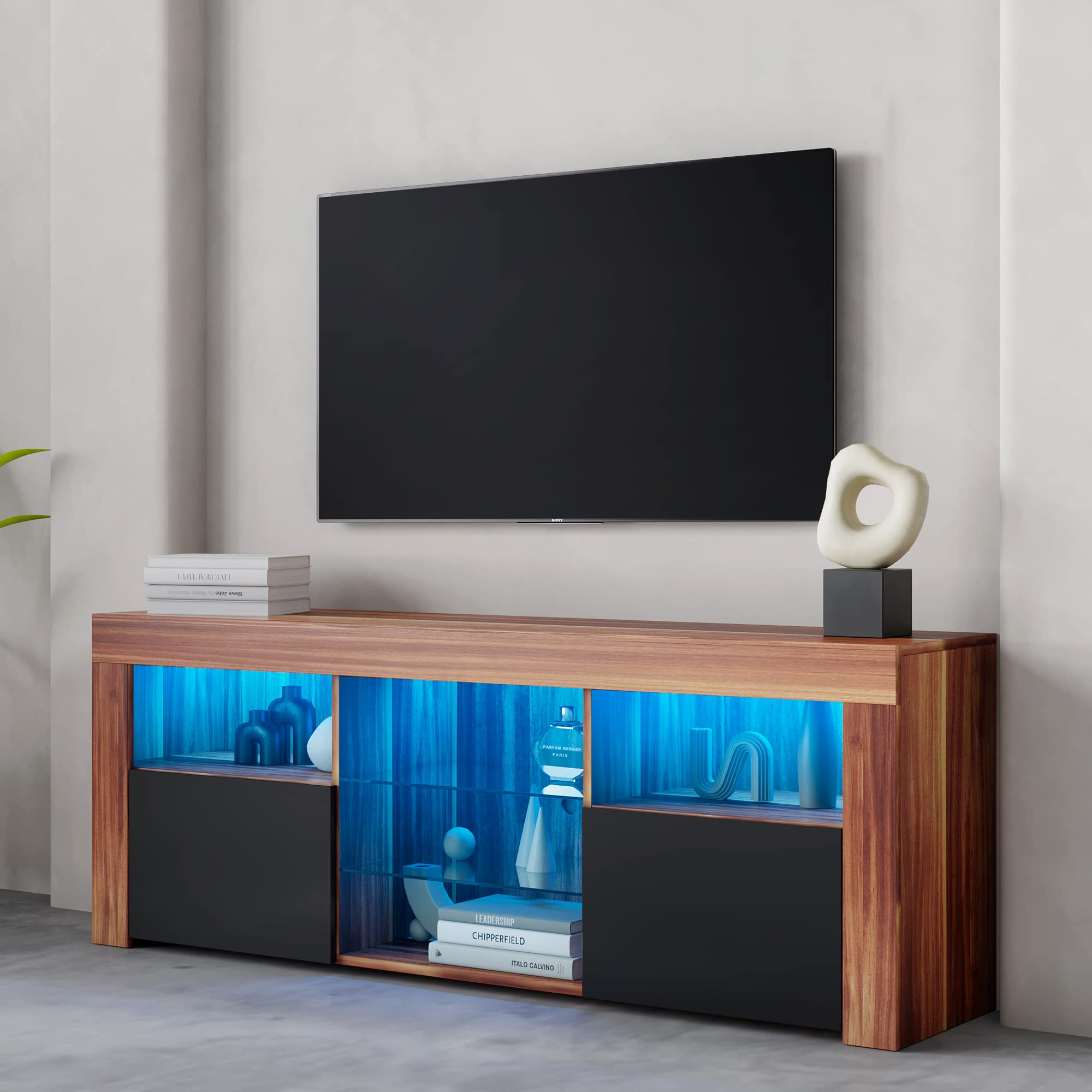 Lamerge 65 Inch TV Stand with Storage - Modern Entertainment Center for Living Room, Media Console Table with Shelves, Brown Wood Finish - Perfect for Home Theater & Lounge Room Setup