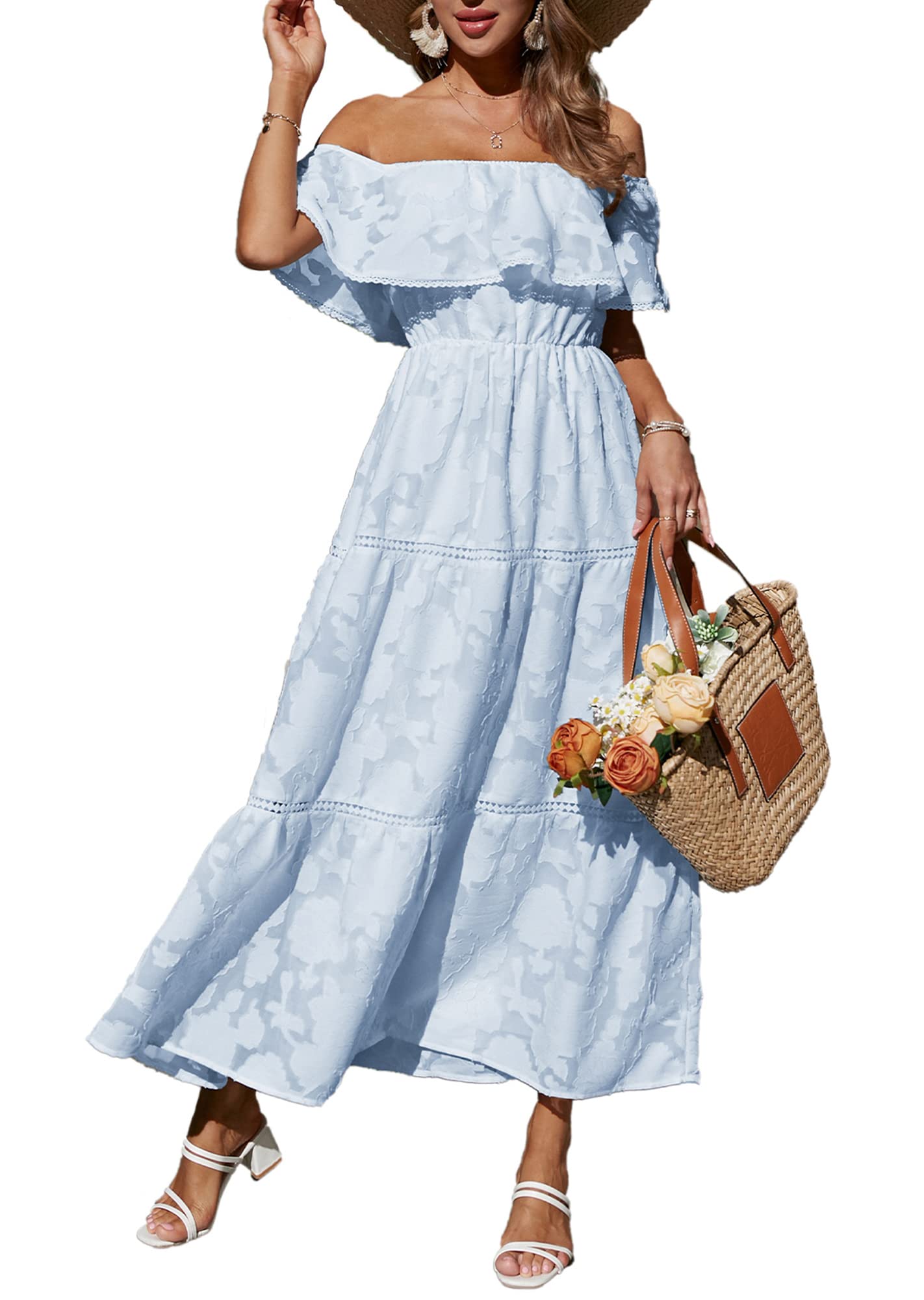 BerryGo Women's Striped Linen Square Neck Long Dress with Eyelet Ruffle Cap Sleeves - Elegant Midi Dress for Summer Beach, Garden Party & Casual Outings