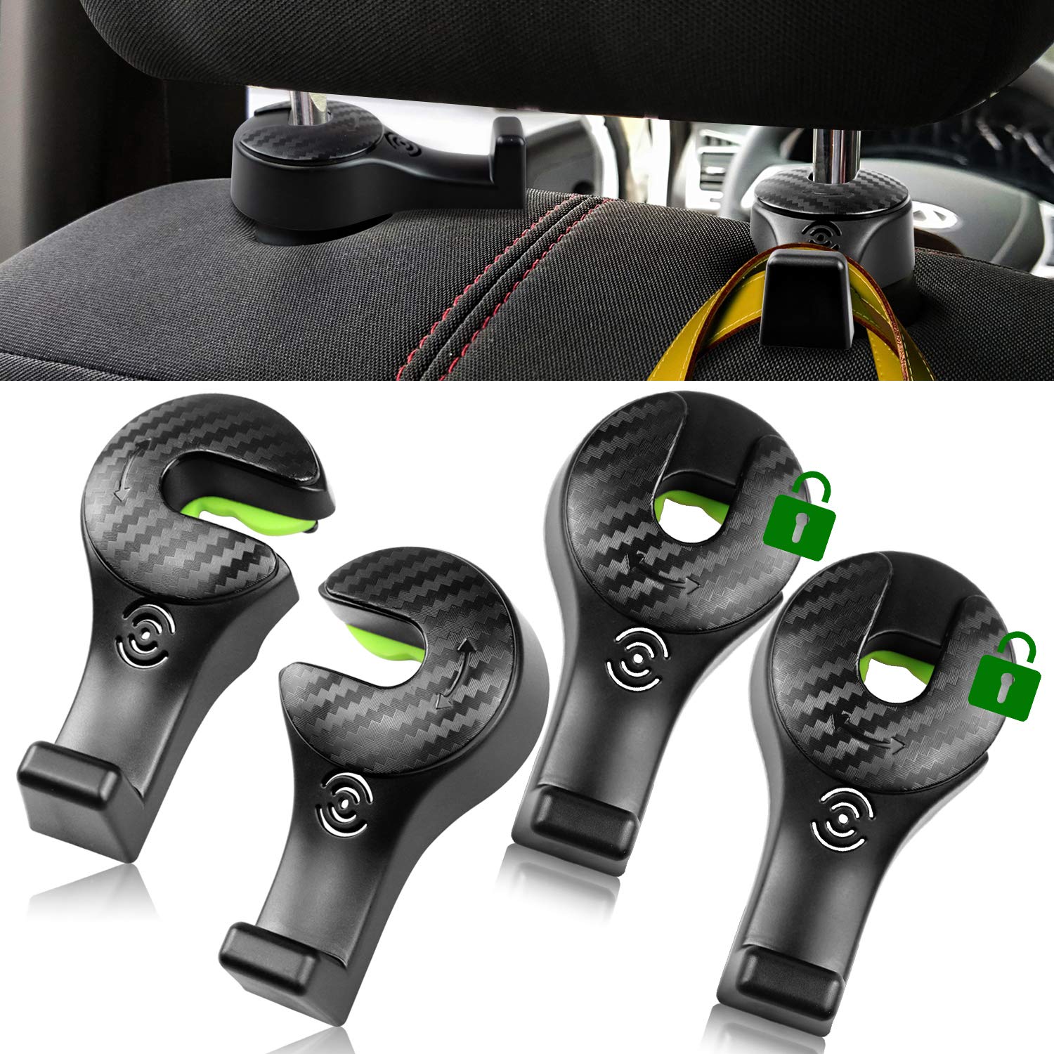 4 Pack Car Headrest Hooks with Locking Design - Heavy Duty Universal Vehicle Organizer for Back Seat, Perfect for Hanging Bags, Purses, Clothes & Groceries - Black - Ideal for Road Trips, Shopping & Daily Commute