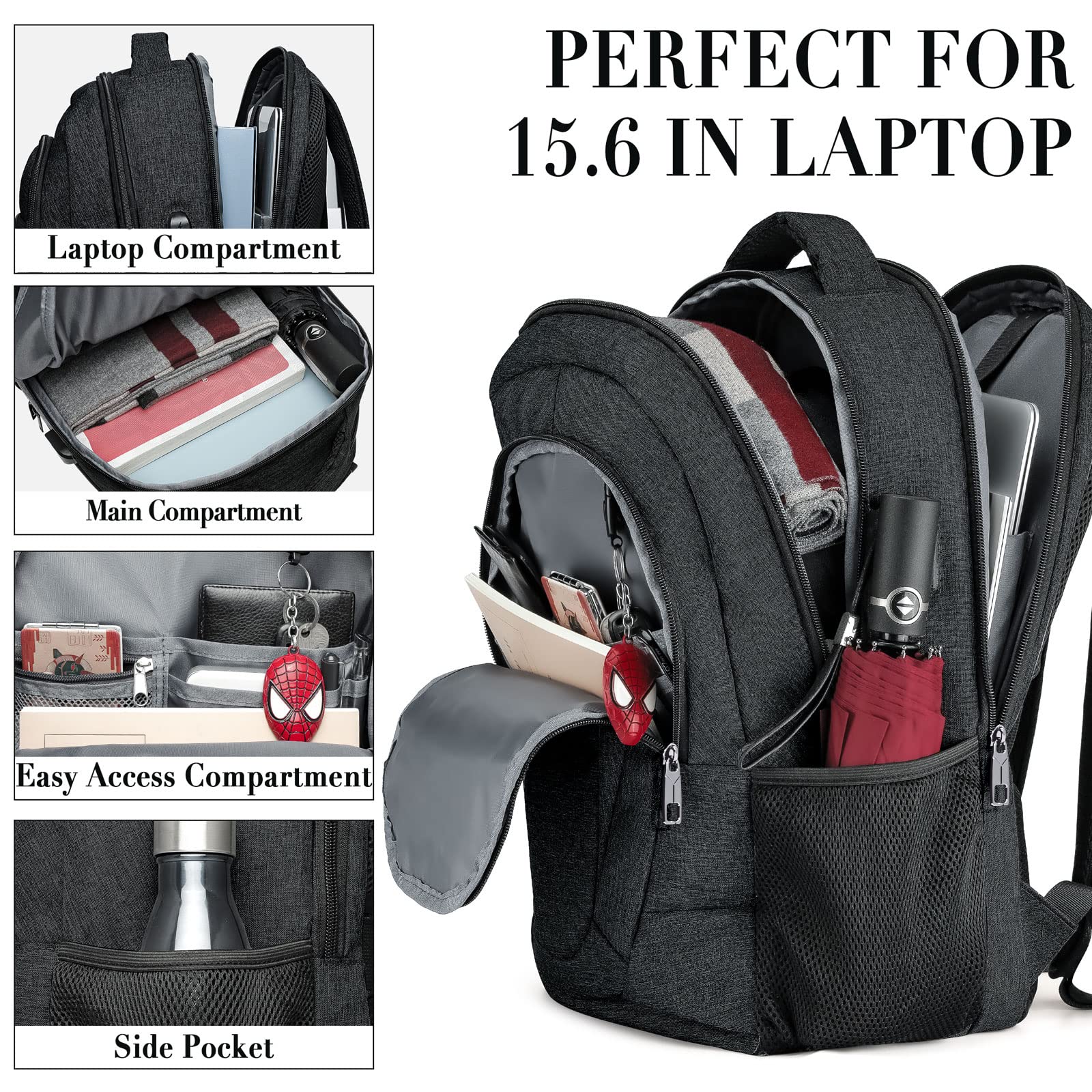 Anti-Theft Travel Laptop Backpack for Men & Women - Slim Durable Business School Backpack with USB Charging Port, 15.6 Inch Laptop Bag for Teens & Adults, Perfect for Work, Study & Commuting