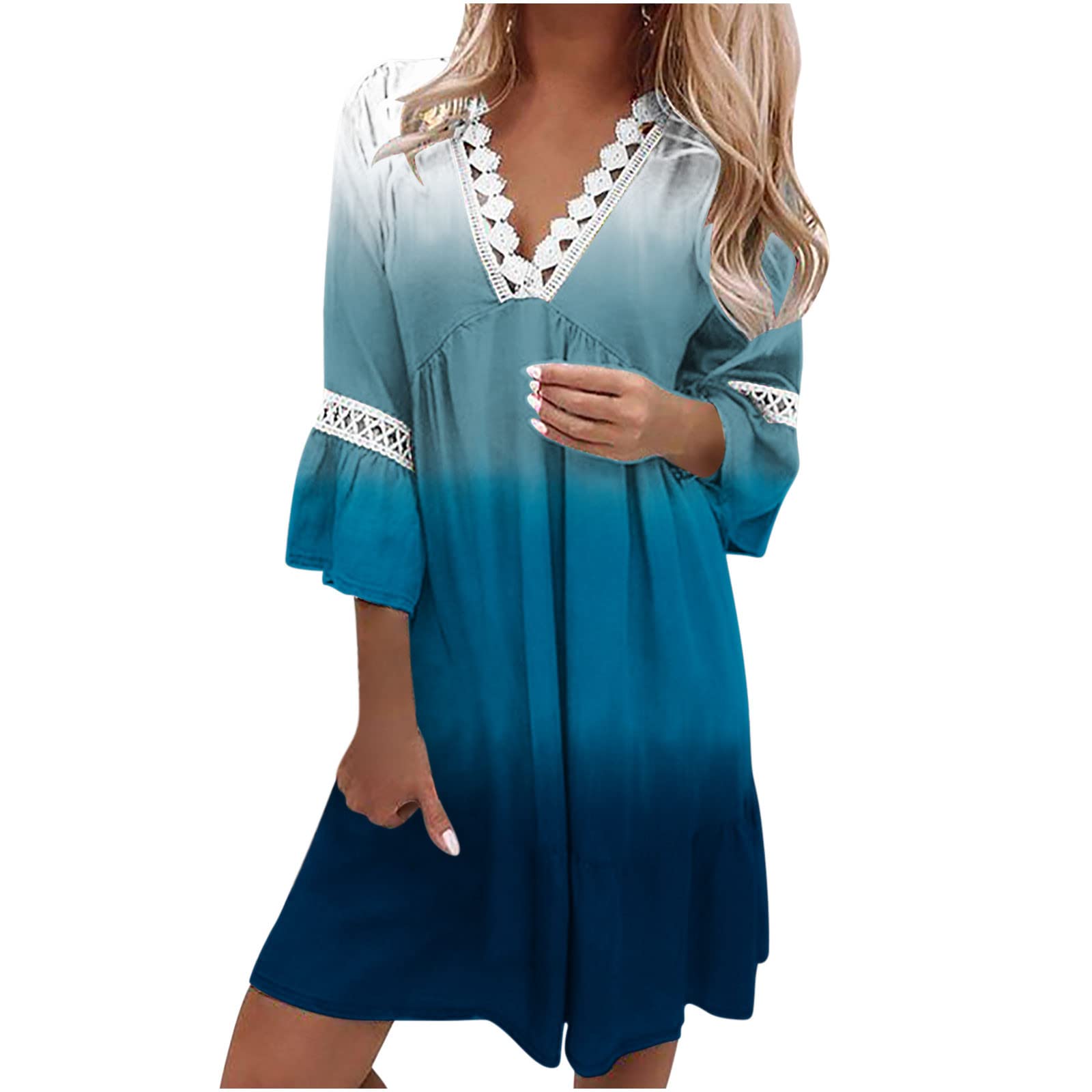 Women's 3/4 Bell Sleeve Floral Lace Patchwork Dress - A-Line Swing Cocktail Dress for Casual Wear, Parties & Special Occasions