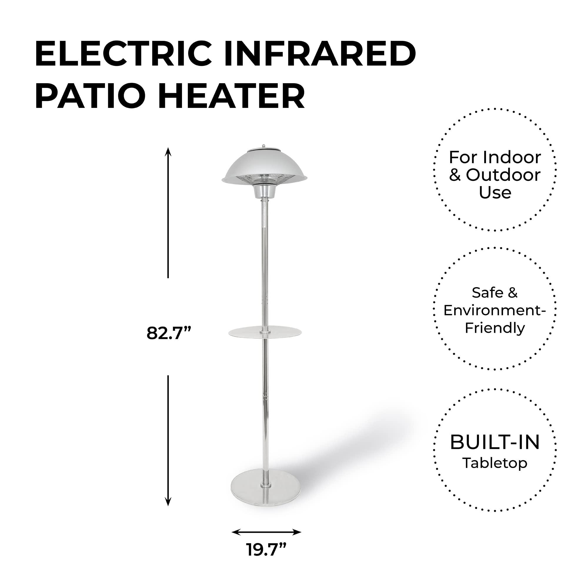 1500W Stainless Steel Electric Patio Heater - Indoor Outdoor Infrared Standing Heater with Table Top | Model PH-90202-SS-AM | Perfect for Backyard, Deck, Restaurant & Patio Warming
