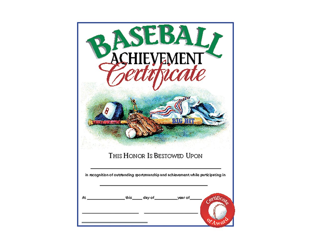 Baseball Achievement Certificate VA595 - Pack of 30, 8.5 x 11 Inches - Printable Sports Award for Youth Baseball Teams, Little League, Tournaments & End of Season Celebrations