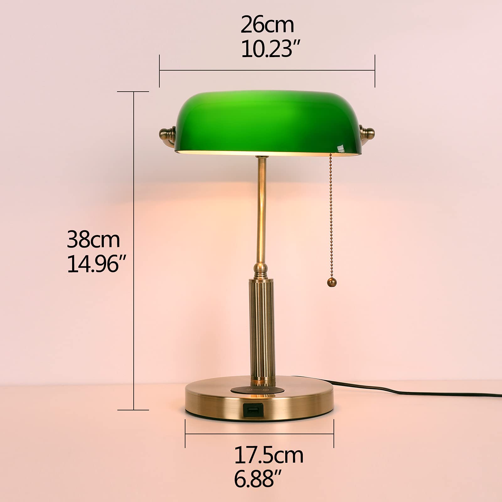 FIRVRE Retro Glass Bankers Desk Lamp with USB Wireless Charging - LED Table Lamp with Pull Chain Switch, Classic Green Desk Light for Home Office, Nightstand, Bedside, Study, Library & Reading
